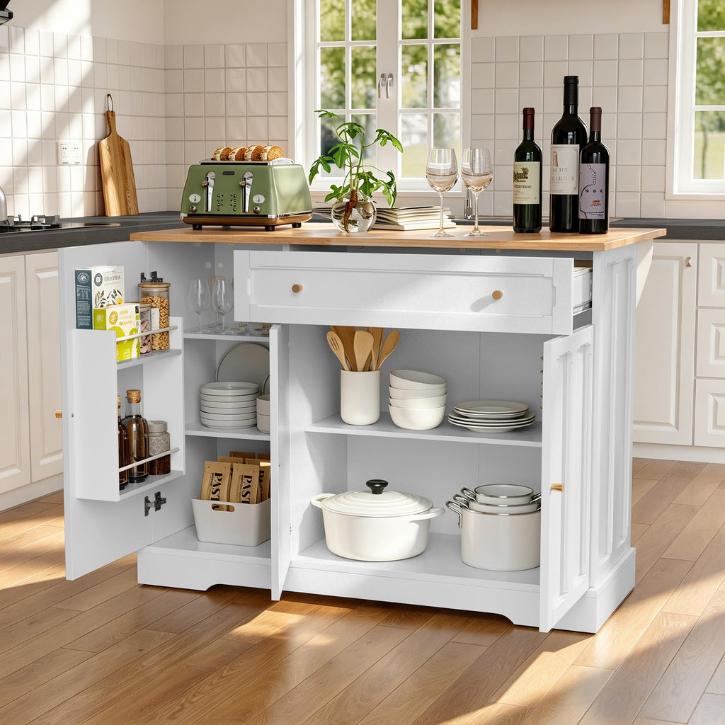 HLR Kitchen Island with Drop Leaf & Storage, Solid Rubber Wood Top Rolling Kitchen Cart with Carved Recessed Panel Doors, Large Mobile Island Table on Wheels for Kitchen, Dining Room (Green)