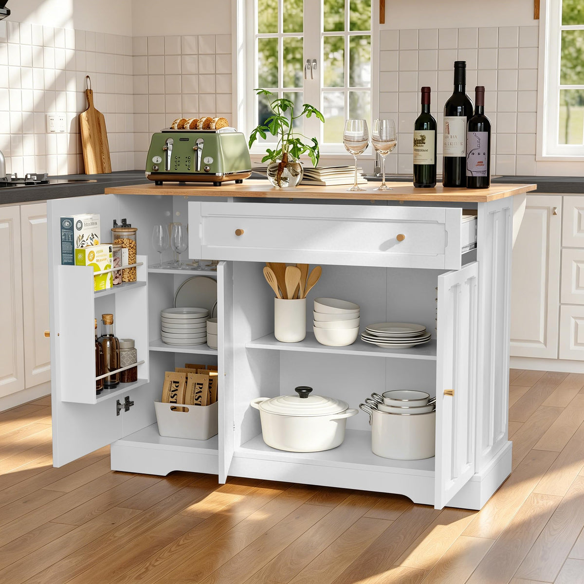 HLR Kitchen Island with Drop Leaf & Storage, Solid Rubber Wood Top Rolling Kitchen Cart with Carved Recessed Panel Doors, Large Mobile Island Table on Wheels for Kitchen, Dining Room (Green)