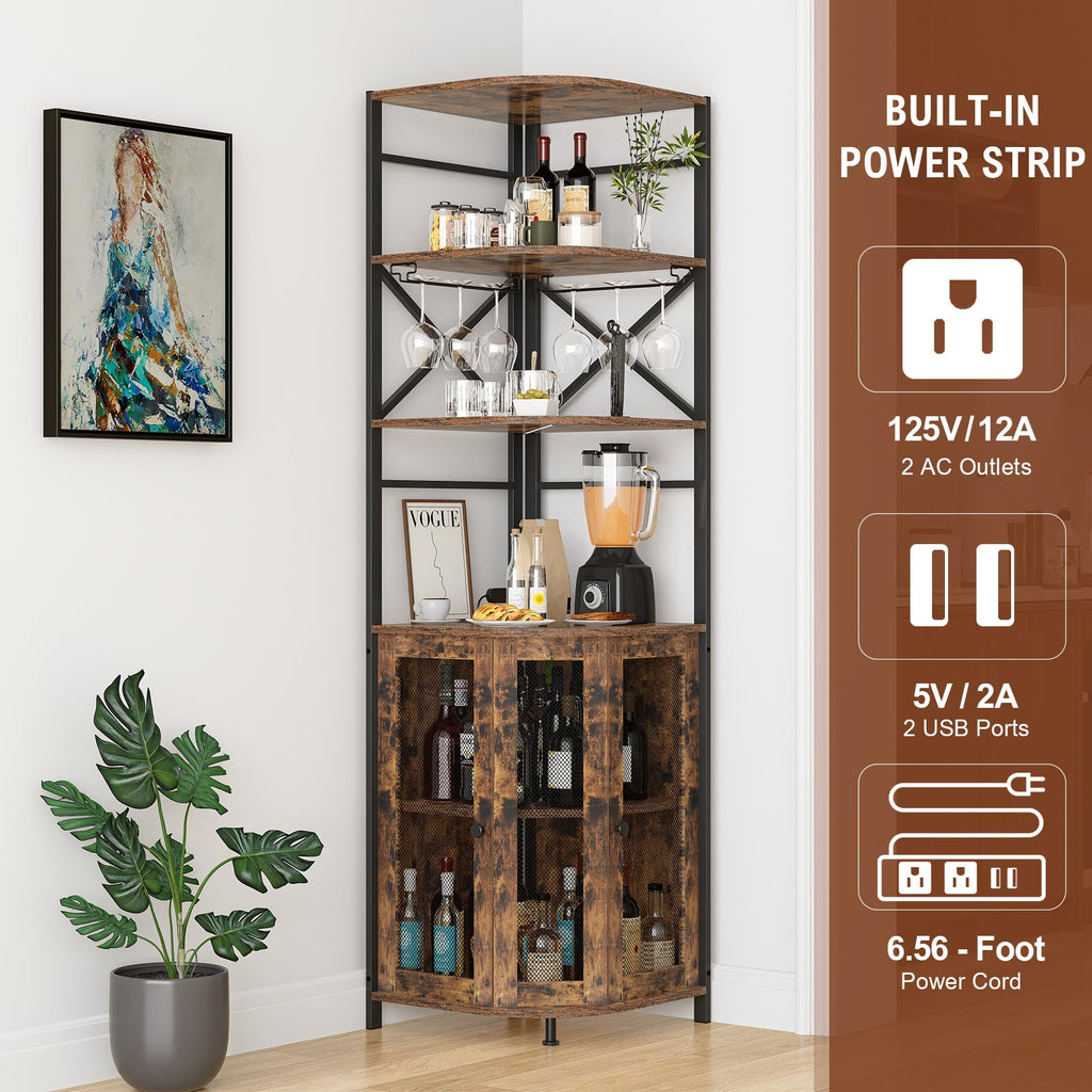 Wine Bar Cabinet with Power Outlet, 6-Tiers Industrial Wine Cabinet with LED Light and Glass Holder, Corner Bar Cabinet with Adjustable Shelf and Mesh Door, Liquor Cabinet Bar for Home