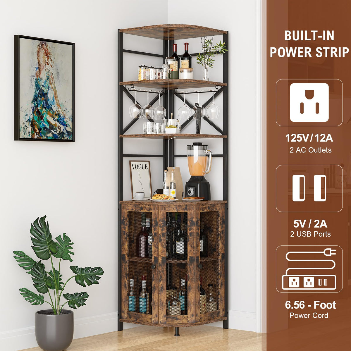 Wine Bar Cabinet with Power Outlet, 6-Tiers Industrial Wine Cabinet with LED Light and Glass Holder, Corner Bar Cabinet with Adjustable Shelf and Mesh Door, Liquor Cabinet Bar for Home