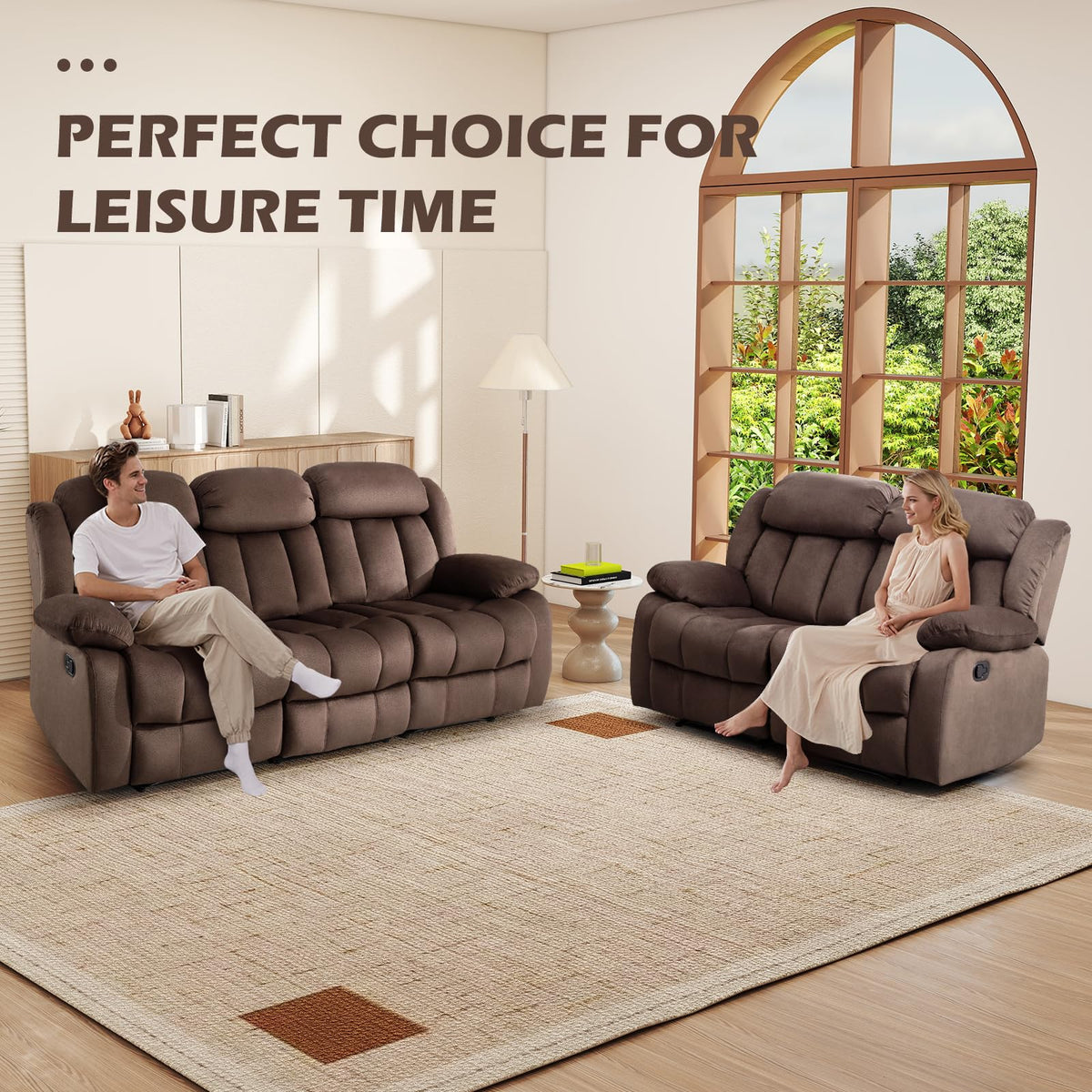 INZOY Manual Recliner Chair with Padded Armrest, Wall-Hugger Single Sofa Recliners with Overstuffed Back, Classical Fabric Reclining Chairs for Living Room Theater Seating, Brown