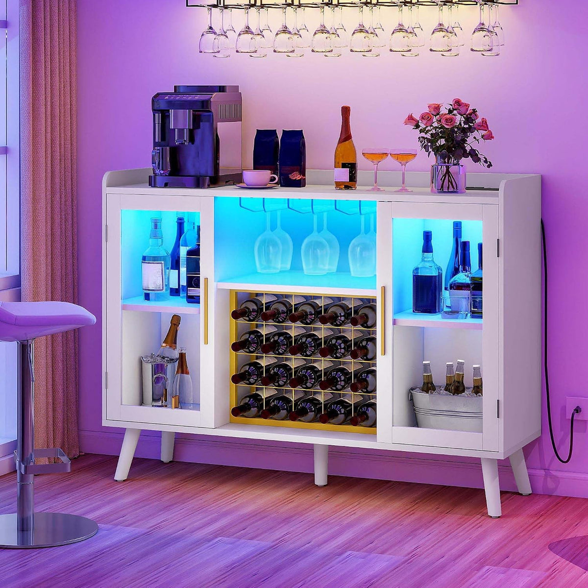 DWVO 53" Wine Bar Cabinet with LED Lights & Power Outlets, White