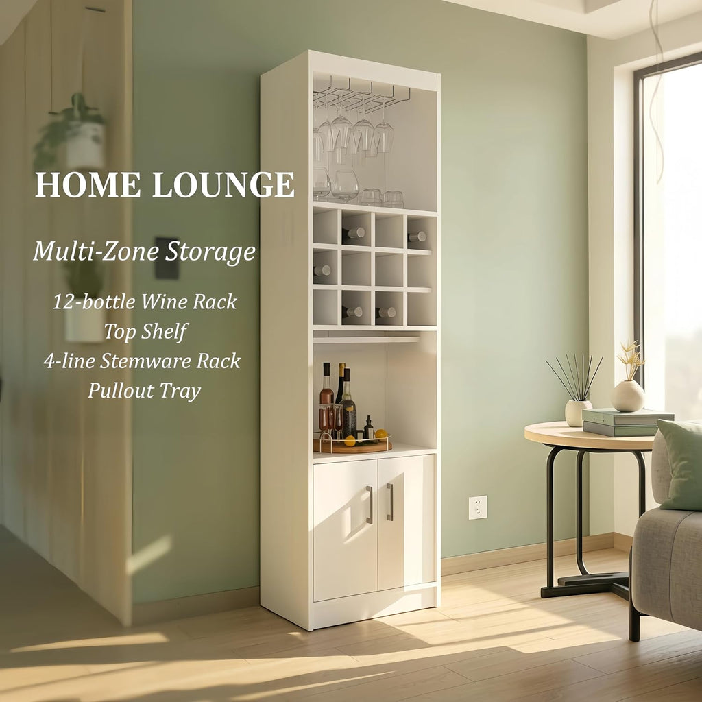 71" Modern Tall Bar Cabinet with 2 Doors Cabinet, 5-Tier Bistro Organizer with 12-Bottle Wine Rack & 12 Stemware Slots, Versatile Liquor Cabinets with Pull-Out Tray for Bar Kitchen Living Room,White