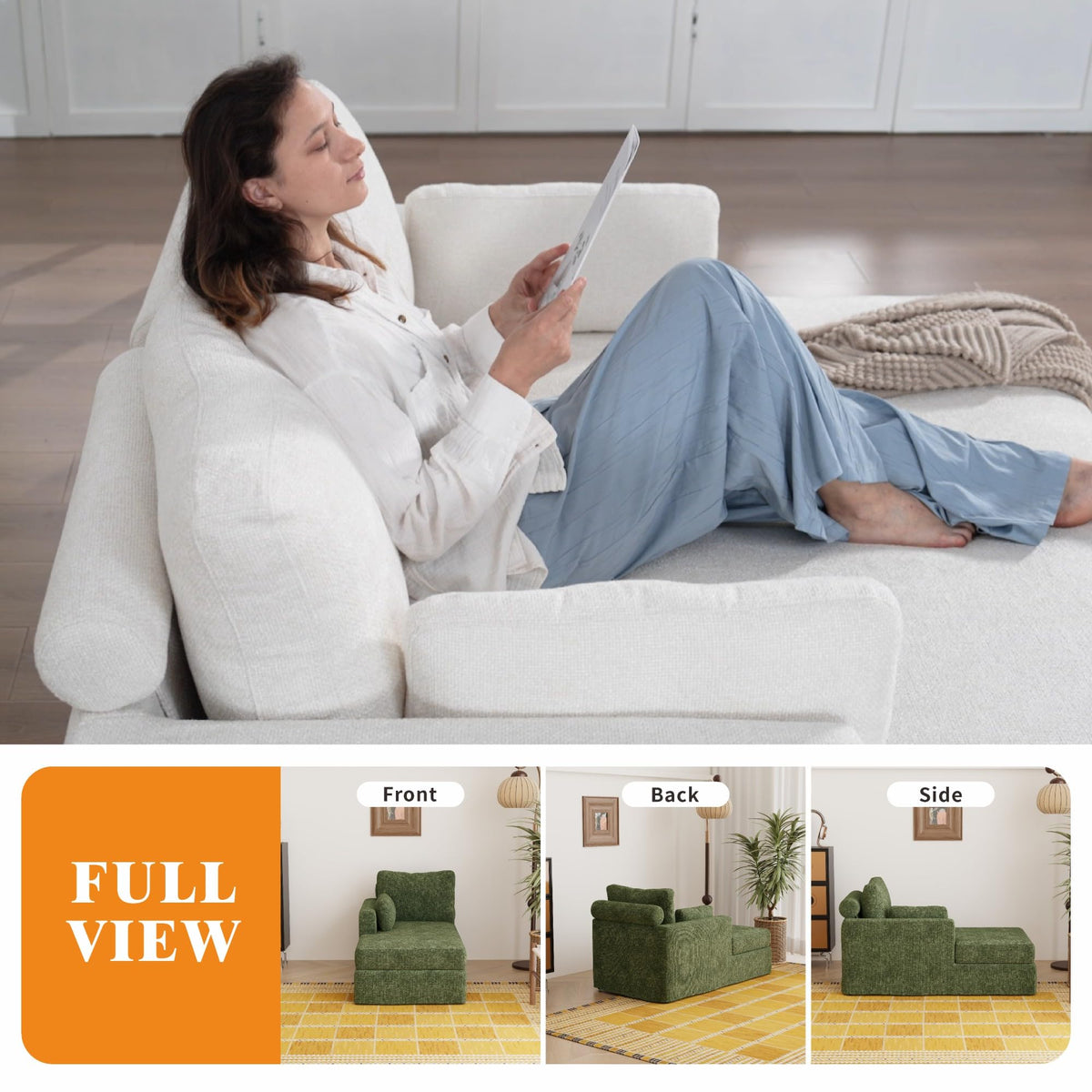 Modern 32''W Chaise Lounge with Armrest (Hold Right Arm), Indoor Recliner, Comfy Deep Seat Sleeper Chair Single Sofa Bed for Apartment, Living Room, Ivory L.