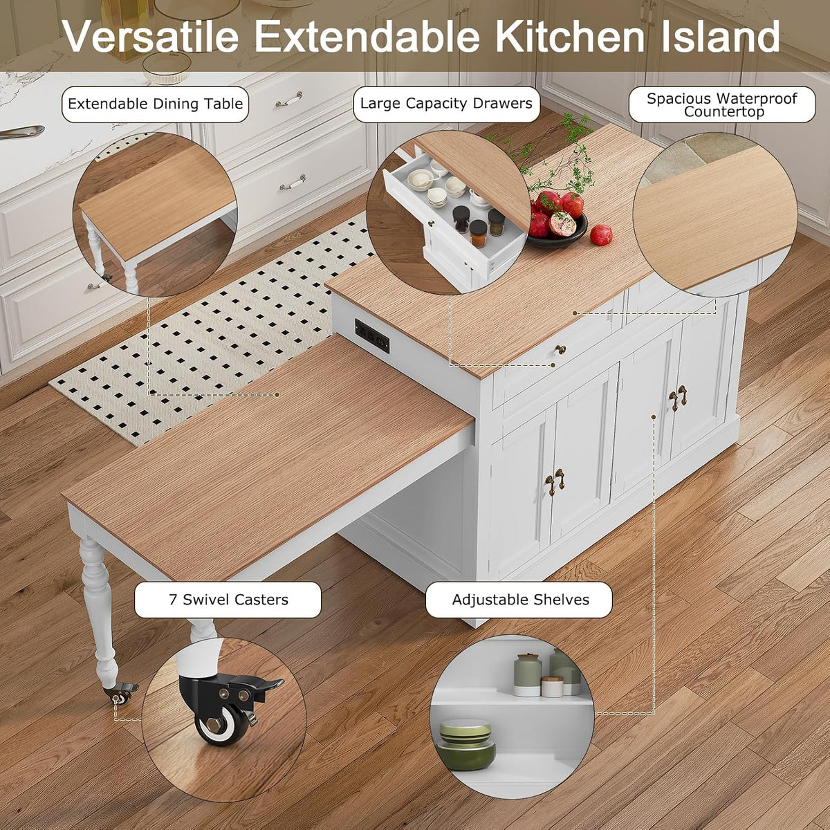 HLR 94.8" Kitchen Island with Extendable Table & Power Outlet, White