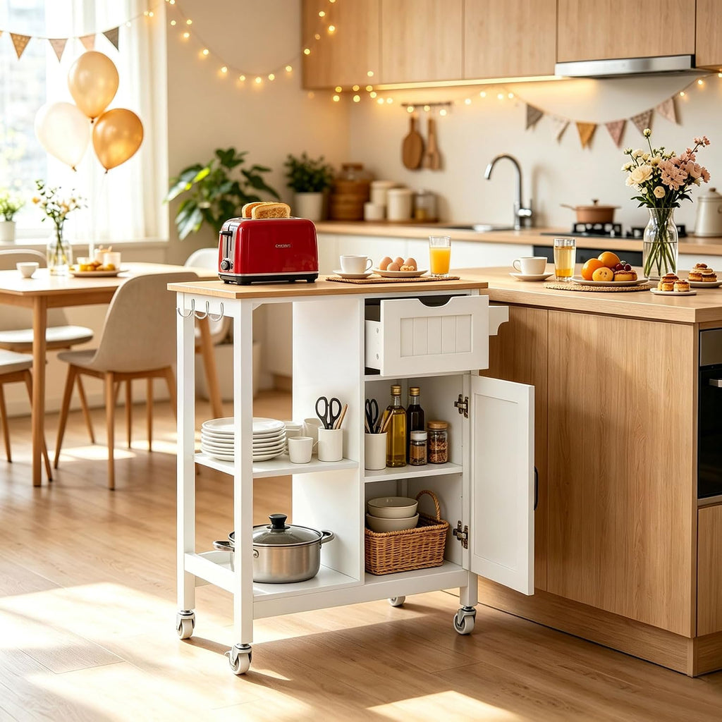 Kitchen Island Cart with Storage Cabinet, Rolling Kitchen Island on Wheels with Drawer, Spice Rack and Towel Rack, Mobile Kitchen Cart with Adjustable Shelf for Dining Room Apartment, White