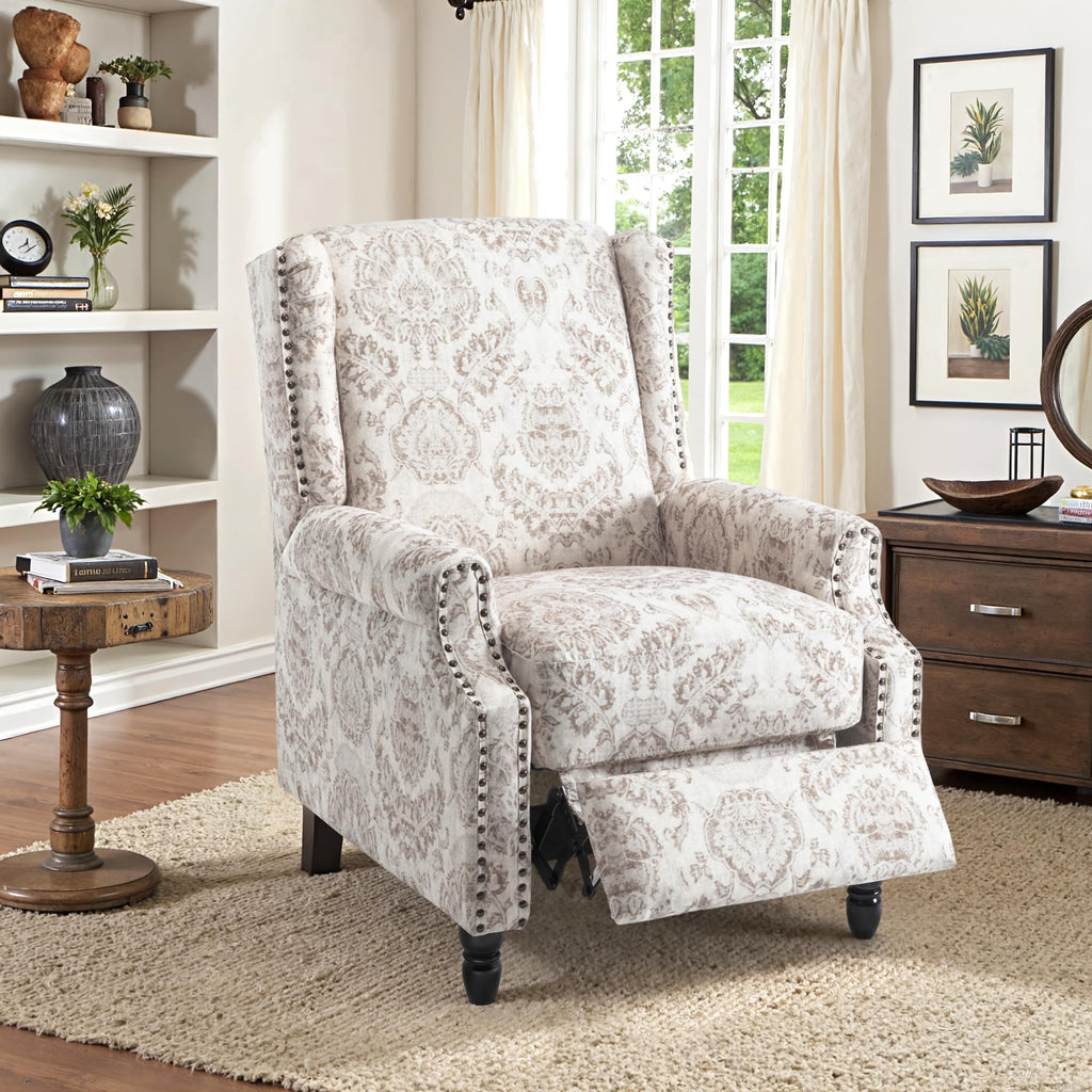 Wingback Floral Pushback Recliner Chair, Plants Beige, Set of 2