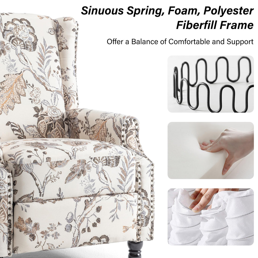 Wingback Floral Pushback Recliner Chair, Plants Beige, Set of 2