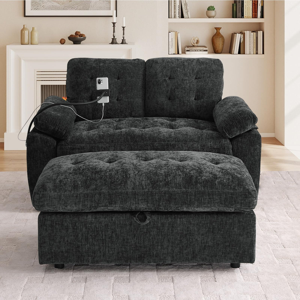 Oversized Chaise Lounge Chair Indoor, Single Convertible Recliner Reading Arm Sofa Chair W/Adjustable Backrest & Charging Port Couch Bed for Living Room, Home Theater & Bedroom, Brown