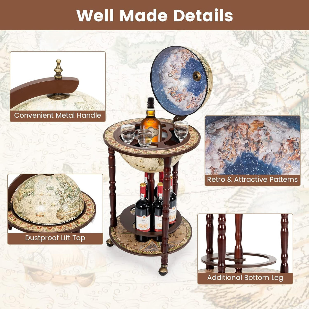 Goplus Globe Bar, 17.5â Globe Bar Liquor Cabinet with Wheels, Bottom Shelf, Old World Map, 16th Century Italian Replica Bar Globe, Retro Wine Stand, Globe Bar Cart for Dining Room Living Room Home