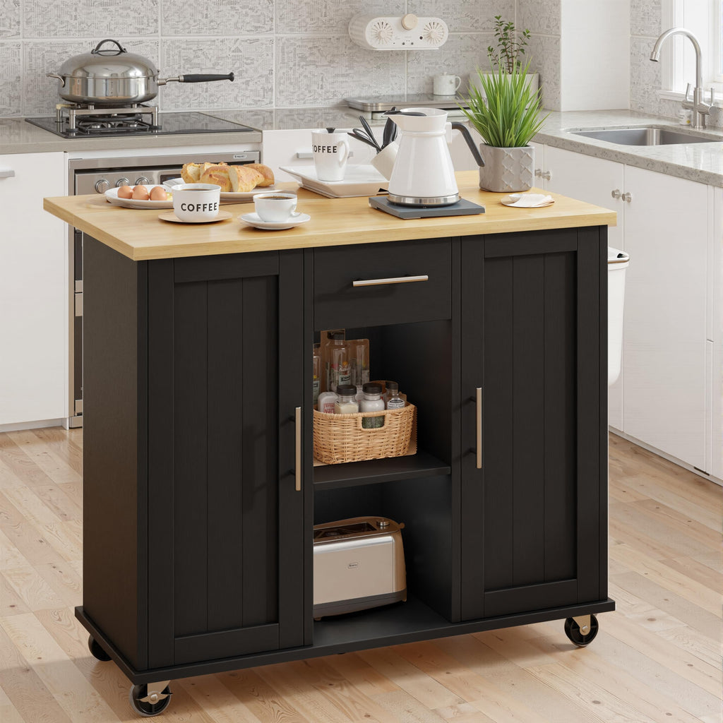 SUNLEI Rolling Kitchen Island Cart with Wheels, Island Table for Kitchen, Farmhouse Kitchen Cart with Drop Leaf & Towel Rack & Drawer, Kitchen Islands Table with Storage Cabinet, Grey