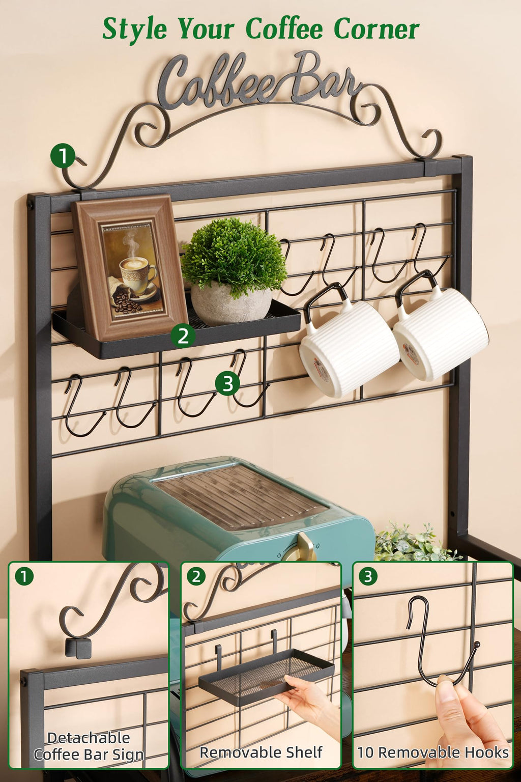 Coffee Bar Cabinet with Storage, Coffee Cart with Wheels, Coffee Station with Coffee Bar Sign and Mug Hook, Corner Coffee Bar Table with Drawer, Bakers Rack for Kitchen Dining Room Living Room Nook