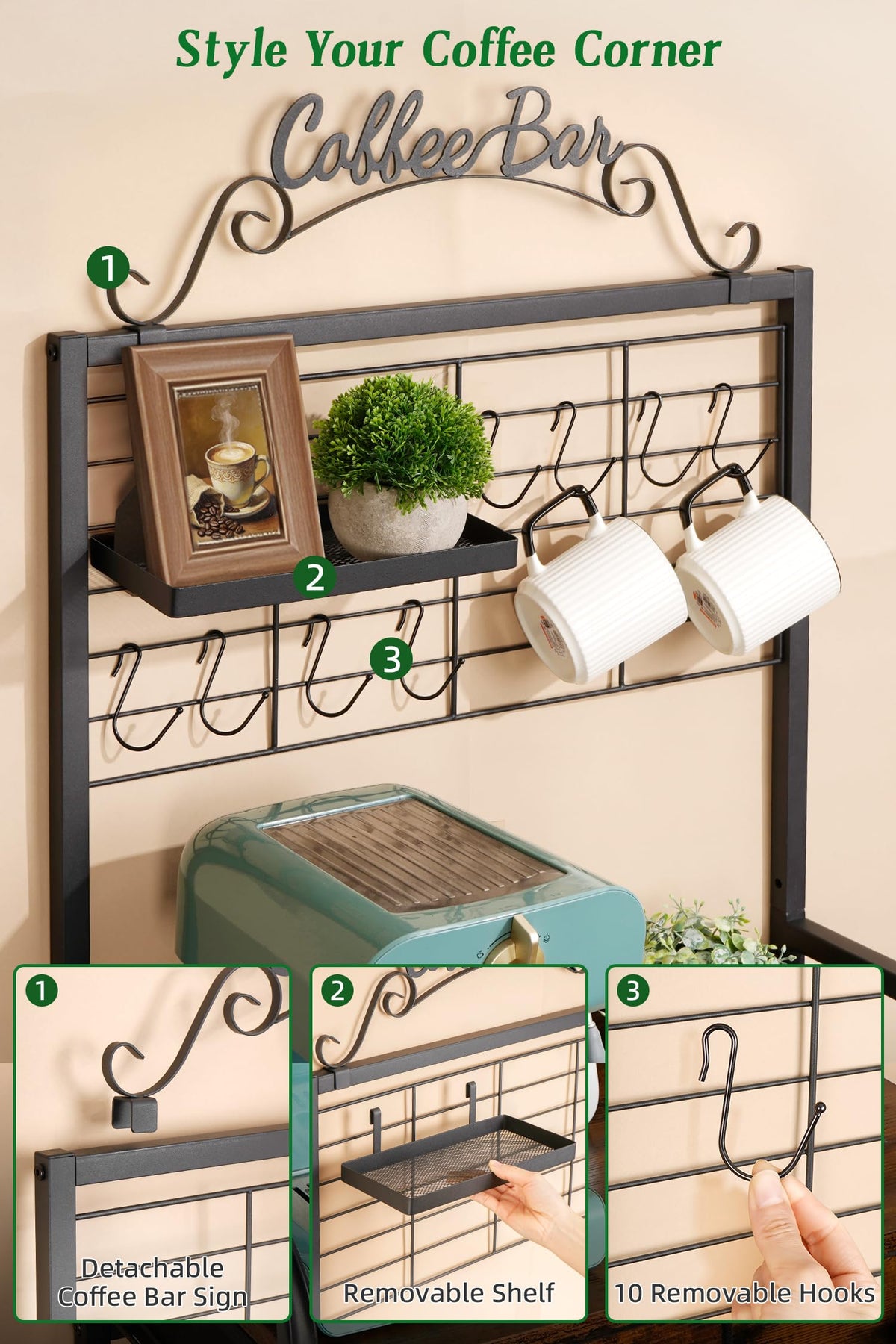 Coffee Bar Cabinet with Storage, Coffee Cart with Wheels, Coffee Station with Coffee Bar Sign and Mug Hook, Corner Coffee Bar Table with Drawer, Bakers Rack for Kitchen Dining Room Living Room Nook