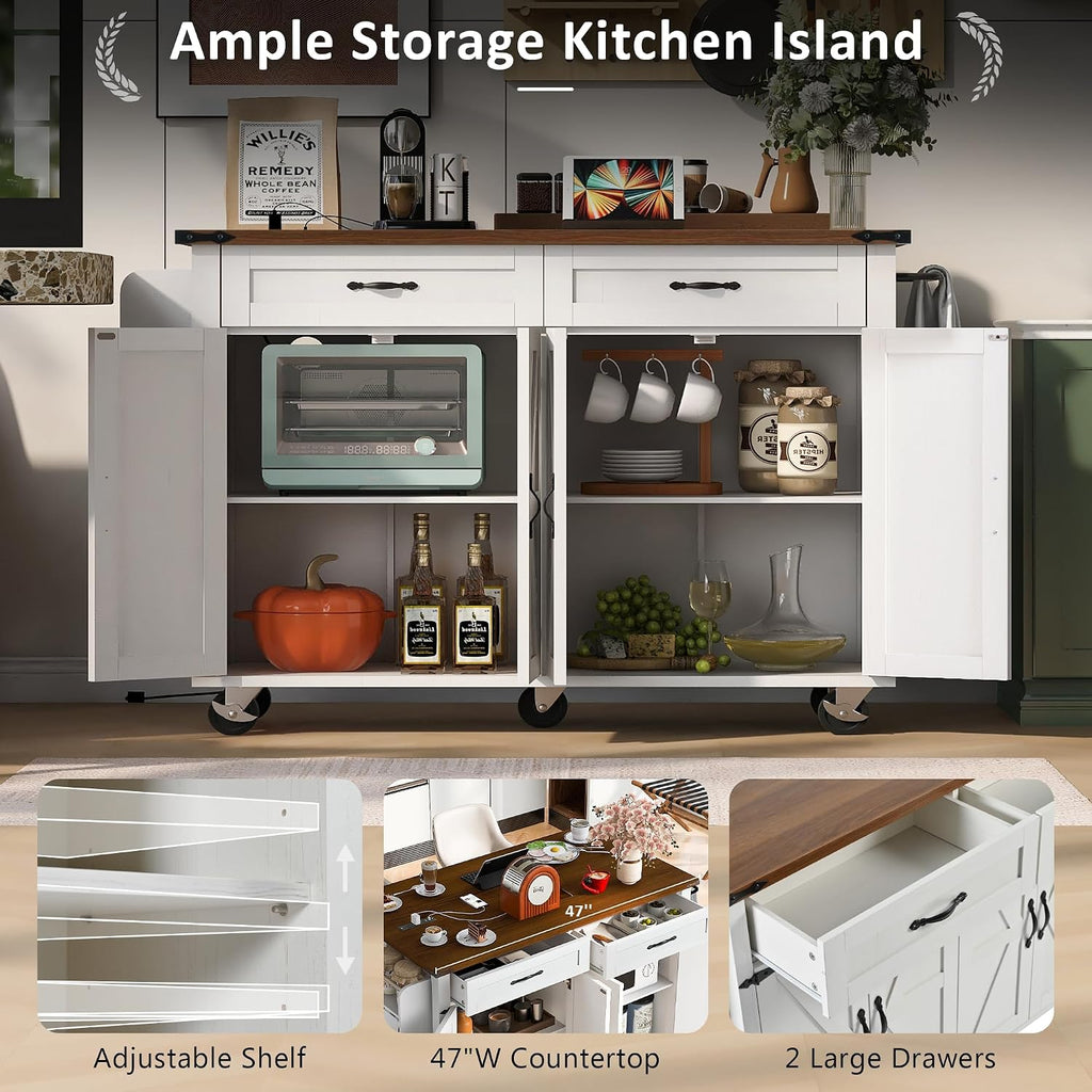 Ball & Cast Farmhouse Kitchen Island with Power Outlet,Dining Storage Island with Drop Leaf,Spice Rack and Drawer,Rolling Dining Cart on Wheels for Home,Kitchen,Dining Room,White,54"