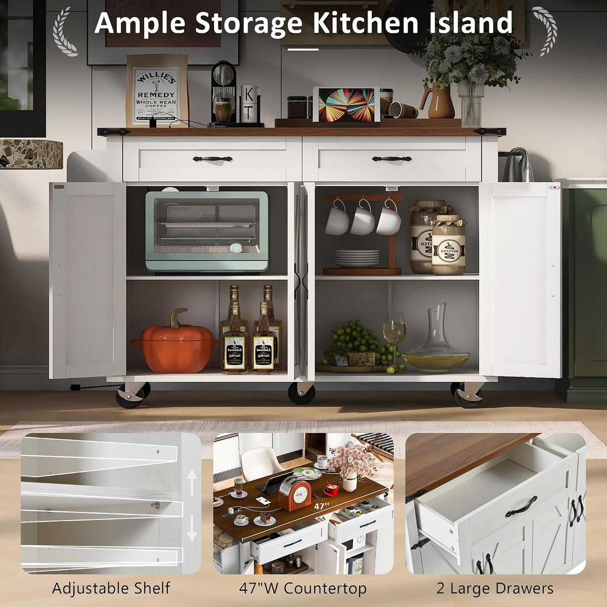 Ball & Cast Farmhouse Kitchen Island with Power Outlet,Dining Storage Island with Drop Leaf,Spice Rack and Drawer,Rolling Dining Cart on Wheels for Home,Kitchen,Dining Room,White,54"
