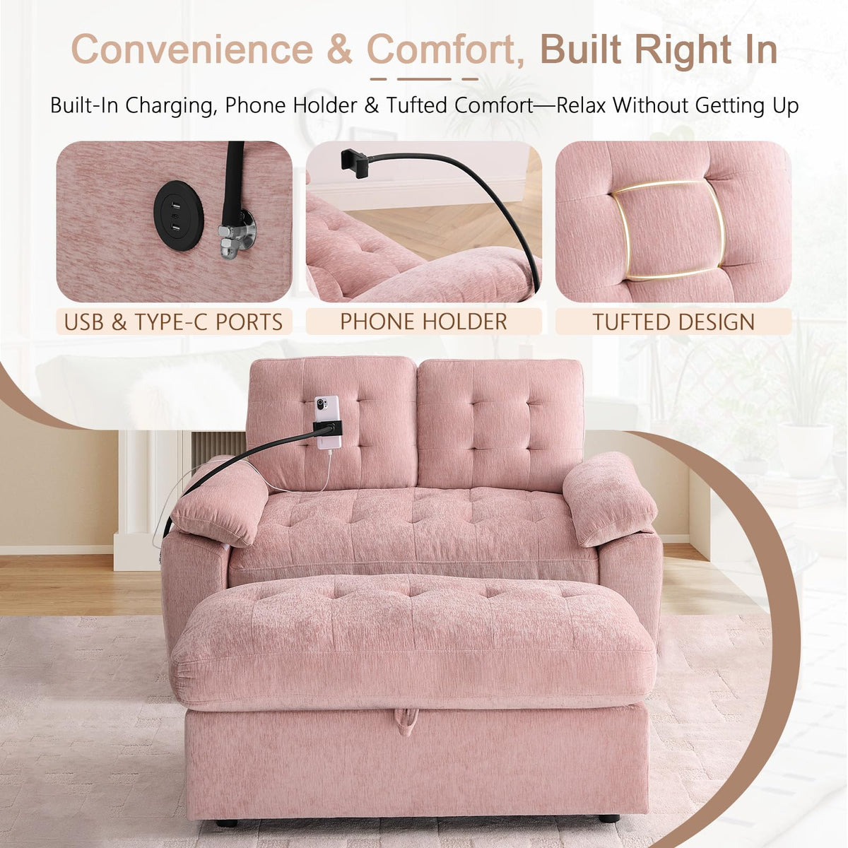 Oversized Chaise Lounge Chair Indoor, Single Convertible Recliner Reading Arm Sofa Chair W/Adjustable Backrest & Charging Port Couch Bed for Living Room, Home Theater & Bedroom, Brown