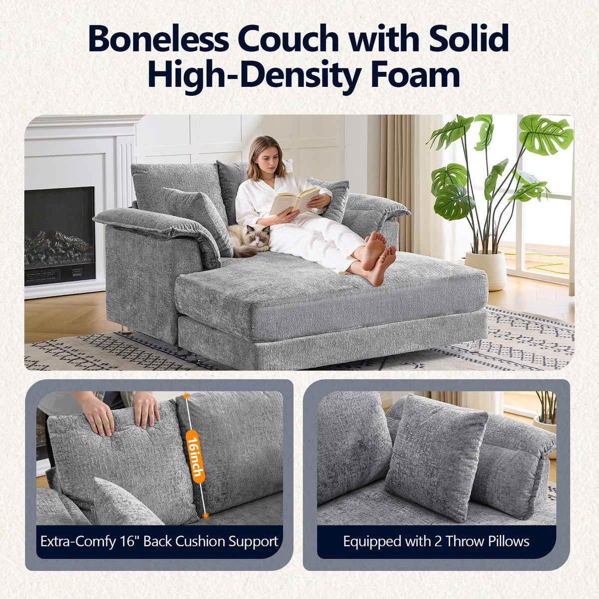 VINGLI 56" Wide Oversized Chaise Lounge Chair with Plush Padded Armrests