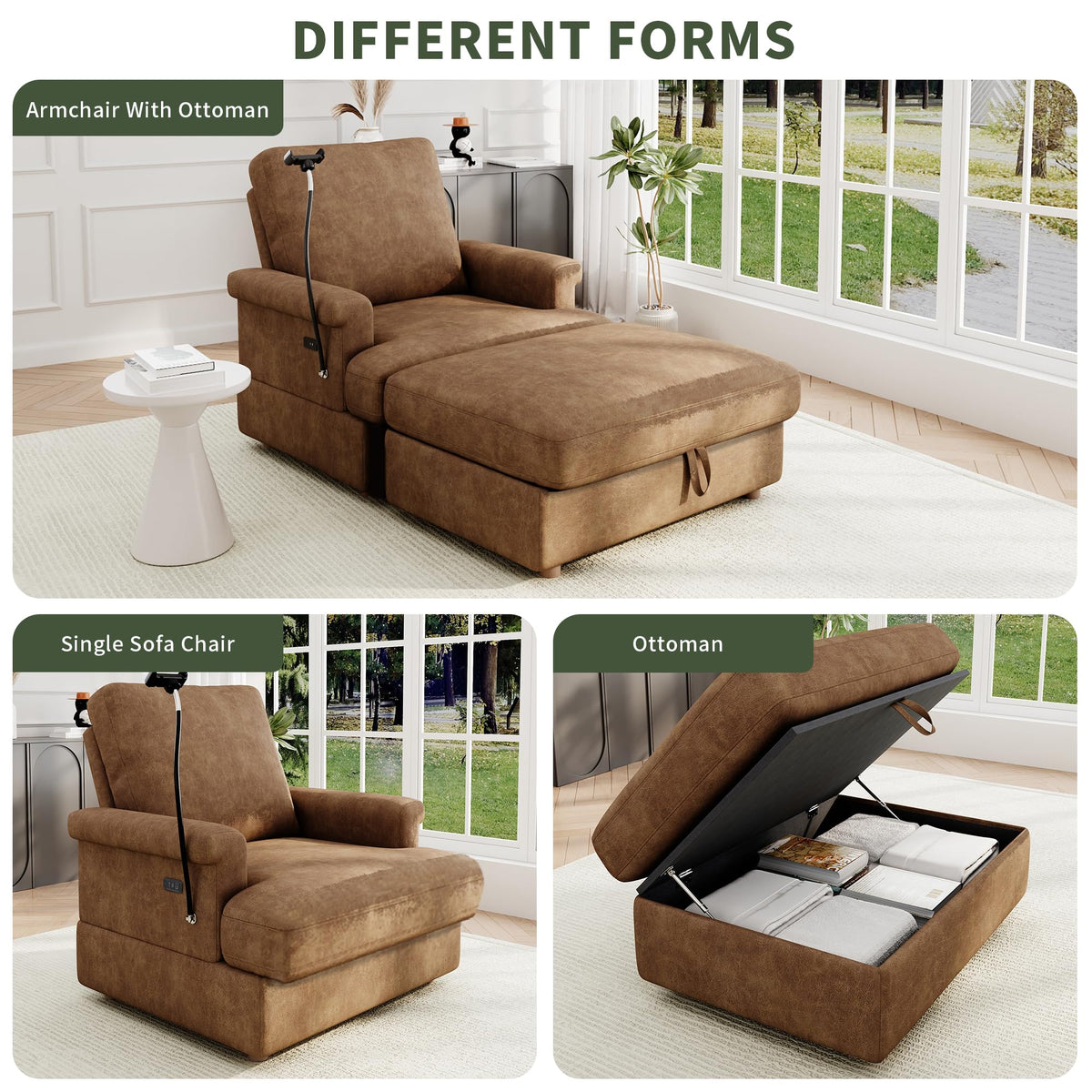 EJUNQ 66.5" Oversized Chaise Lounge Chair Indoorï¼Cozy Sofa Bed with Phone Holder and USB Chargerï¼Upholstered Deep Seat Sleeper Sofa Bedï¼Comfy Single Sofa Armchair for Living Room, Grey