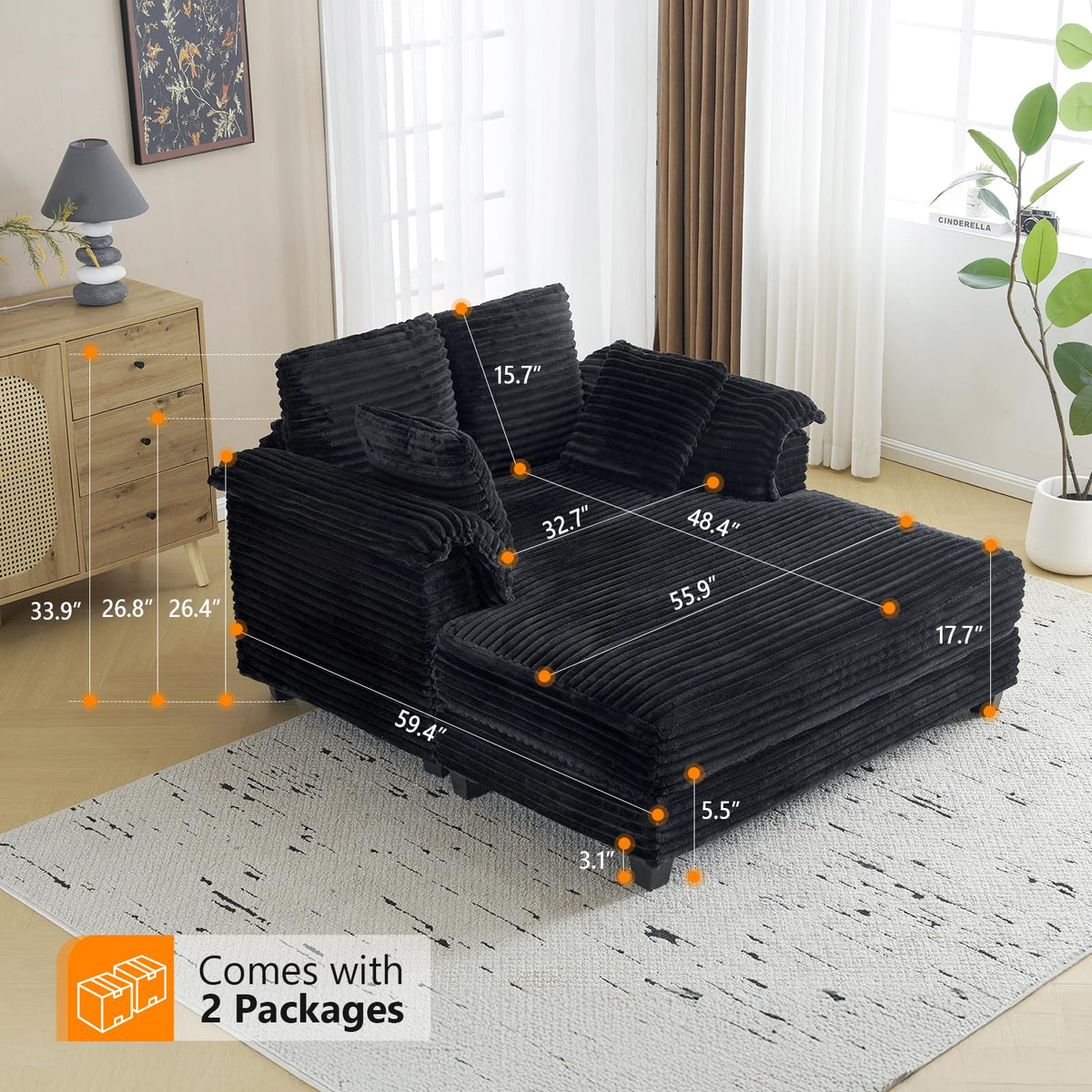 VINGLI 56" Wide Oversized Chaise Lounge Chair with Plush Padded Armrests