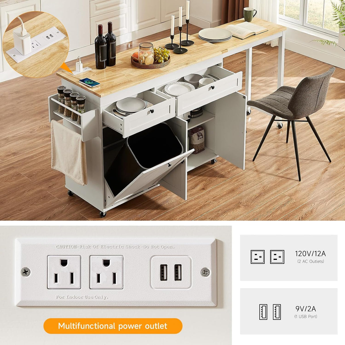 Kitchen Islands with Extendable Dining Table, Mobile Storage Islands, White