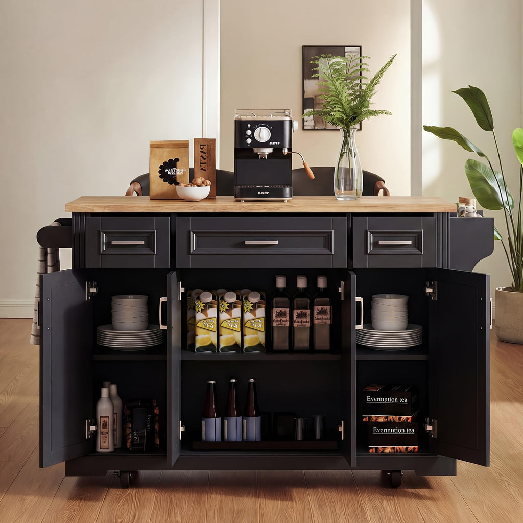 Large Kitchen Island with Rubber Wood Drop Leaf and Silver Handle