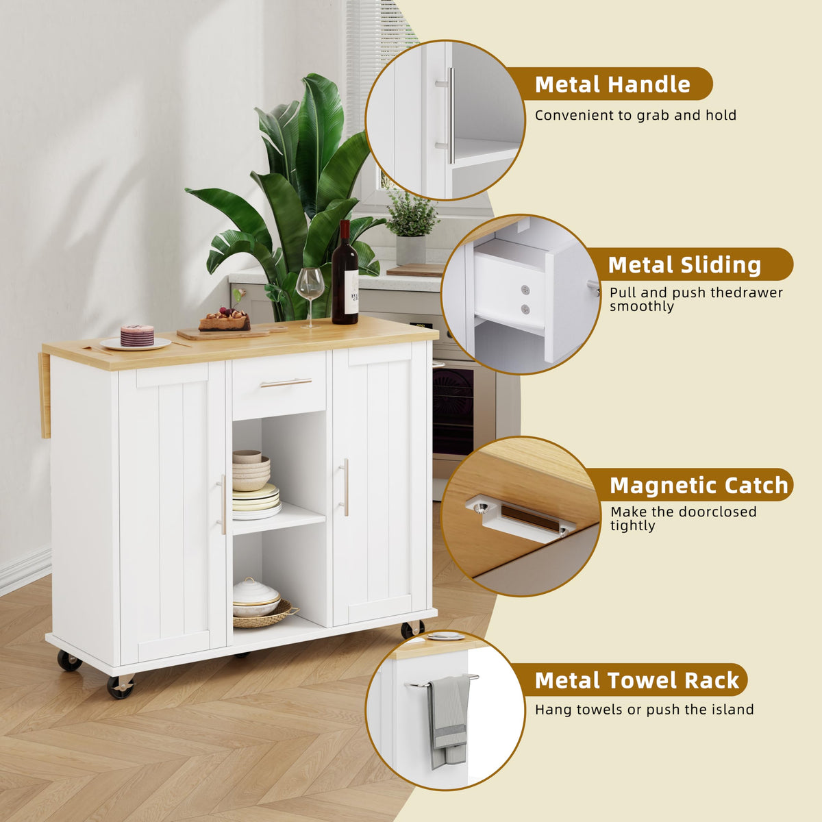 SUNLEI Rolling Kitchen Island Cart with Wheels, Island Table for Kitchen, Farmhouse Kitchen Cart with Drop Leaf & Towel Rack & Drawer, Kitchen Islands Table with Storage Cabinet, Grey
