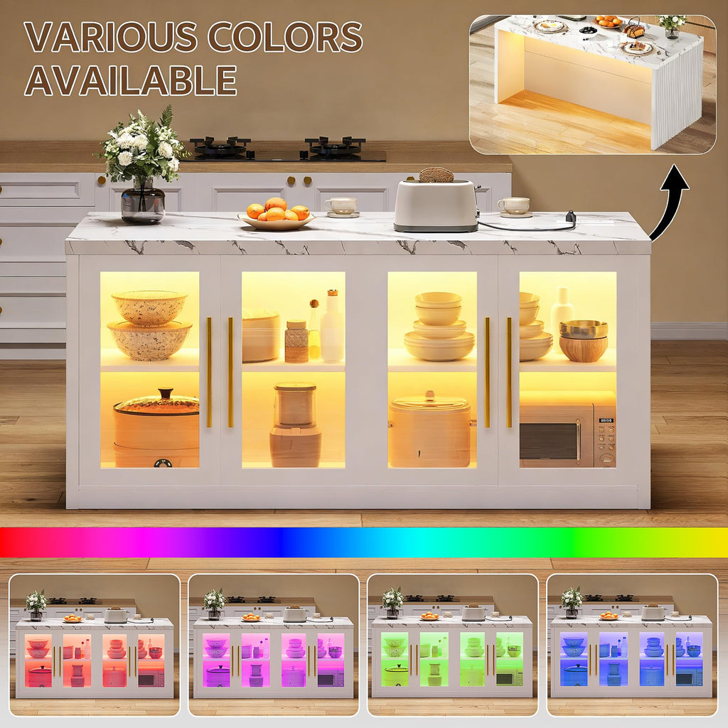 Kitchen Island with Storage, 55" Large Island Table with LED Light