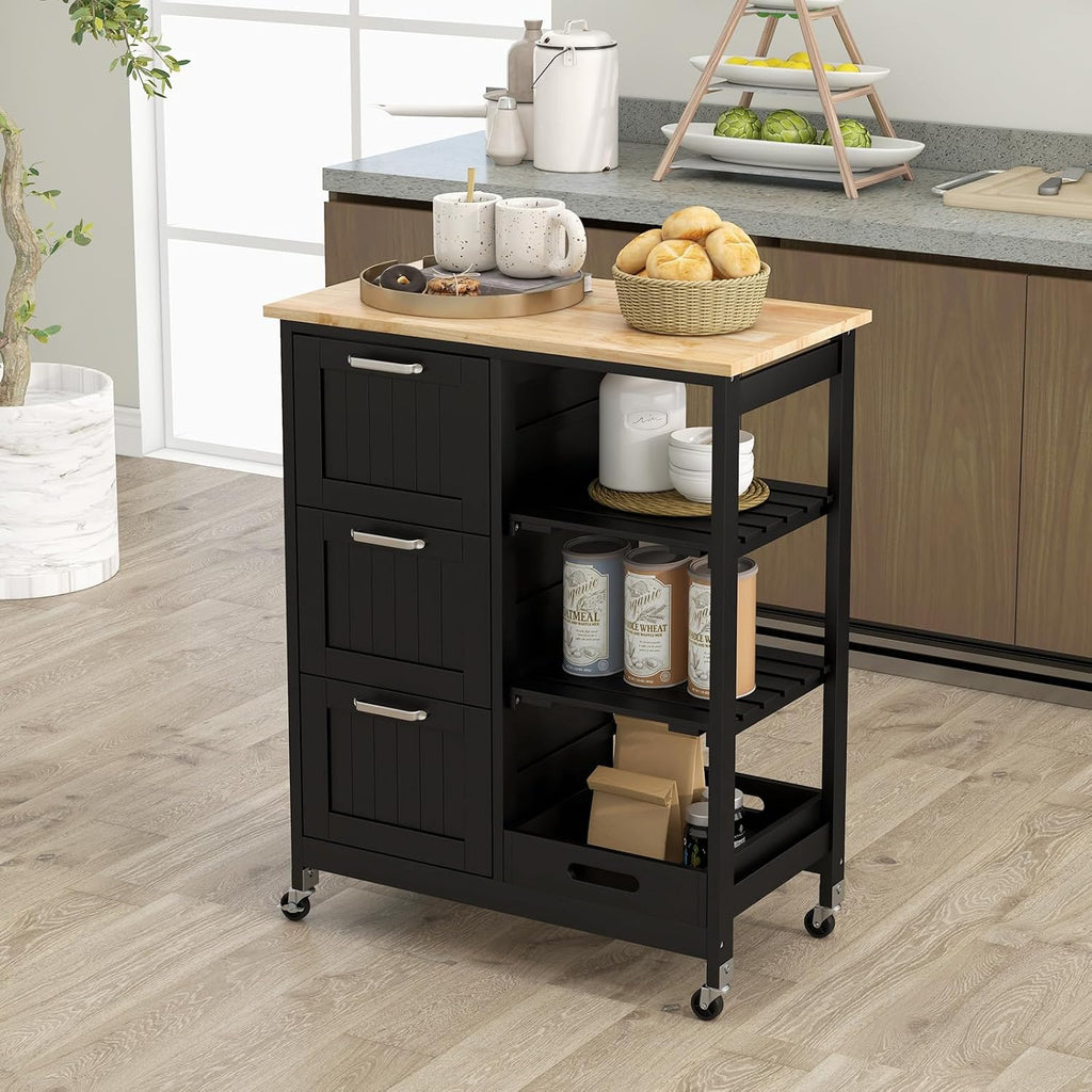 GOFLAME Kitchen Island Cart on Wheels with Storage, Versatile Rolling Cart with Wood Countertop, 3 Drawers, Removable Tray & Lockable Casters, Mobile Serving Trolley for Kitchen, Dining Room, Black