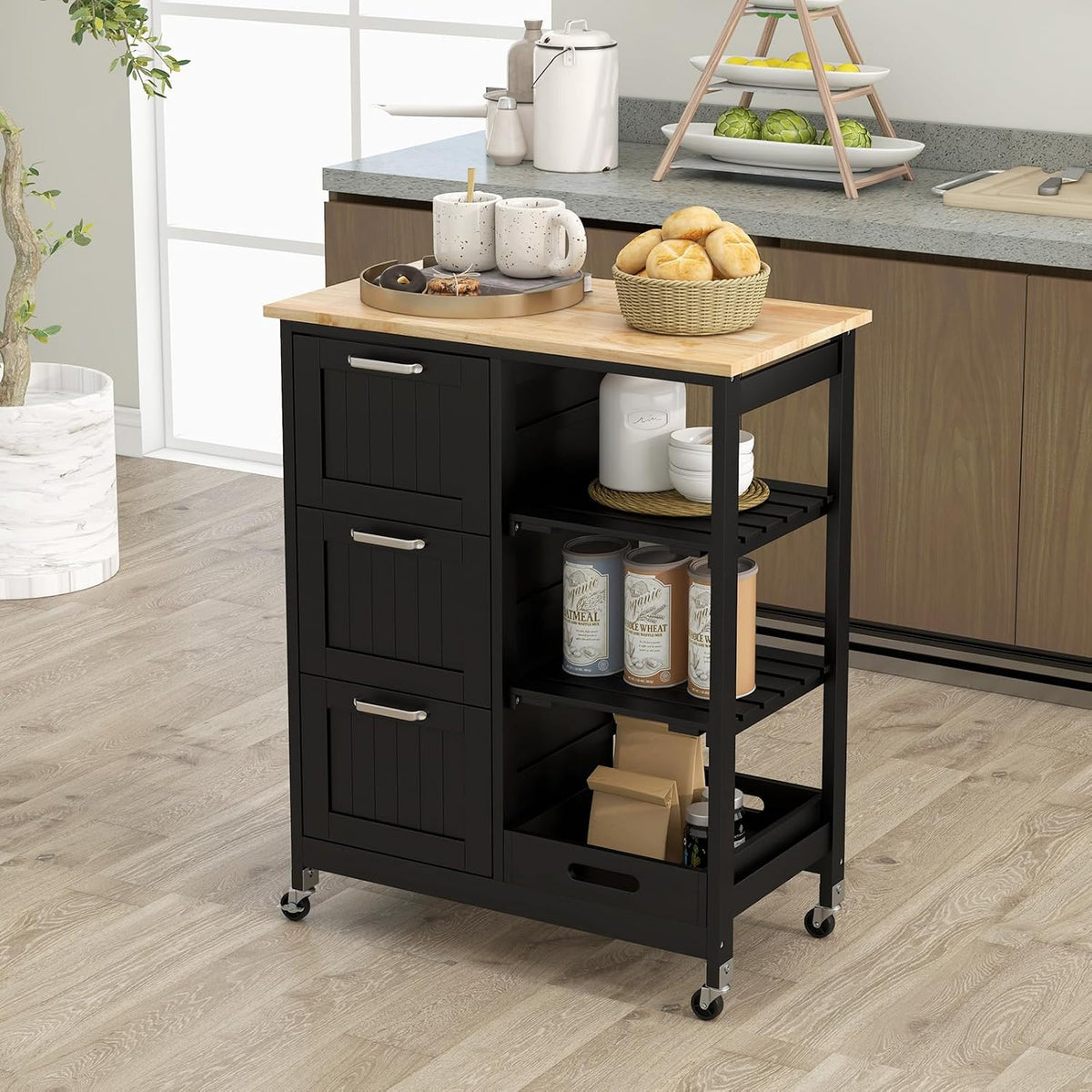 GOFLAME Kitchen Island Cart on Wheels with Storage, Versatile Rolling Cart with Wood Countertop, 3 Drawers, Removable Tray & Lockable Casters, Mobile Serving Trolley for Kitchen, Dining Room, Black