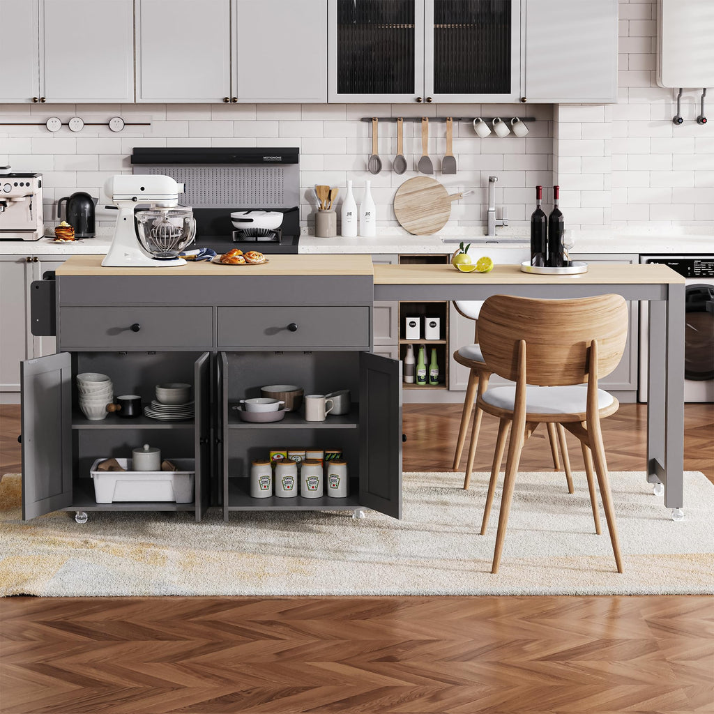 Ball & Cast Kitchen Island with Extendable Dining Table and Power Outlet,82.7" Rolling Kitchen Cart W/ 2 Drawers & 2 Side Open Shelves,Kitchen Table W/Double-Sized Storage,for Dining Room,White