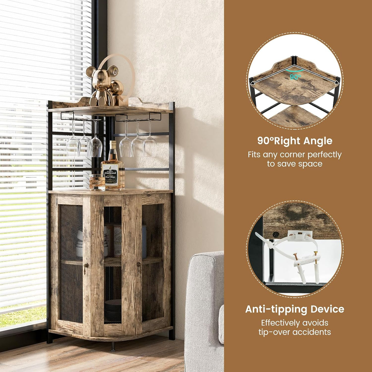 LOKO Corner Wine Bar Cabinet with Metal Mesh Doors, Glass Holder, Taupe