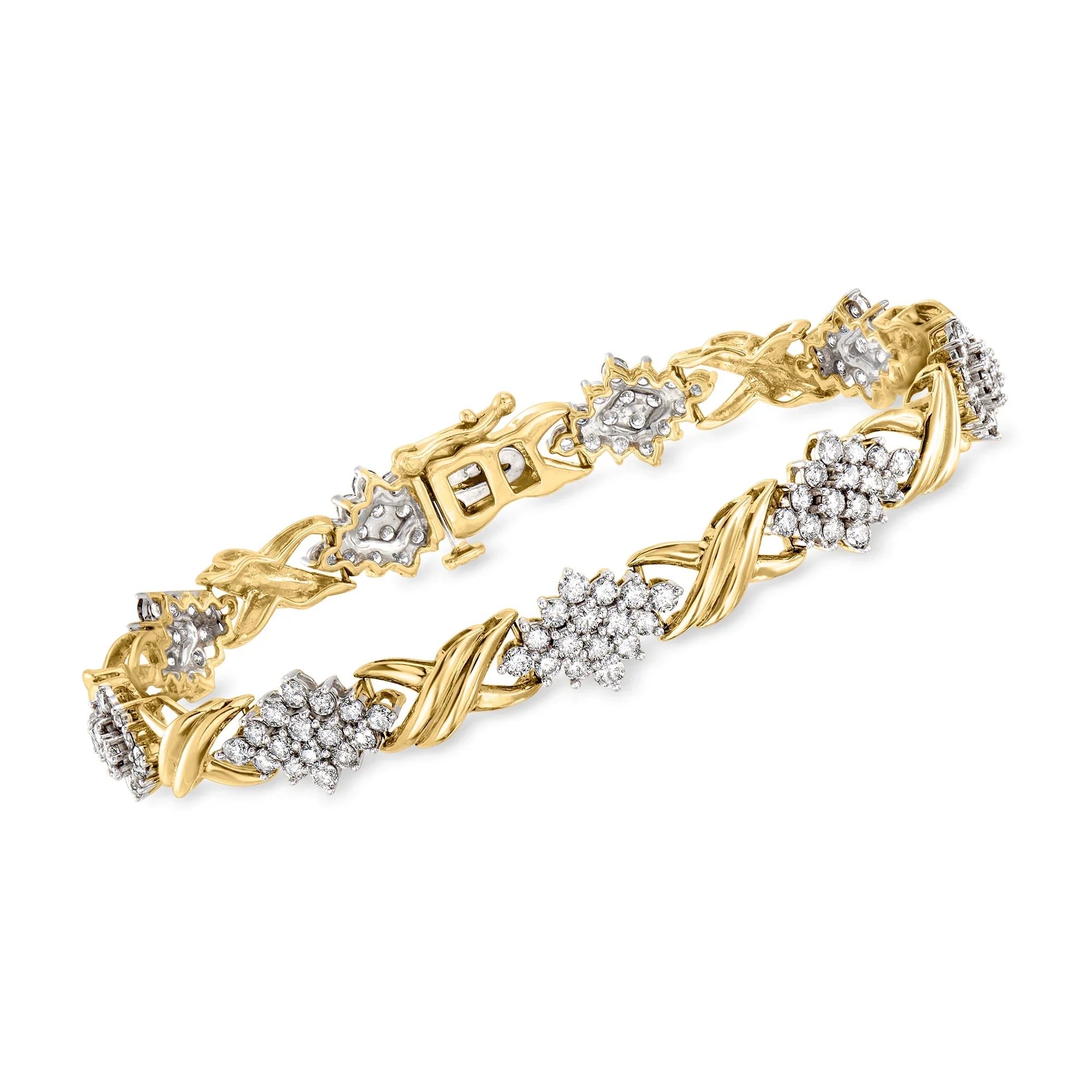 Ross-Simons t.w. 2-Tone Bracelet Women's, Vintage C. Pre-Owned Diamond Cluster 5.00 in X-Link ct. Adult, Gold, 1980 10kt