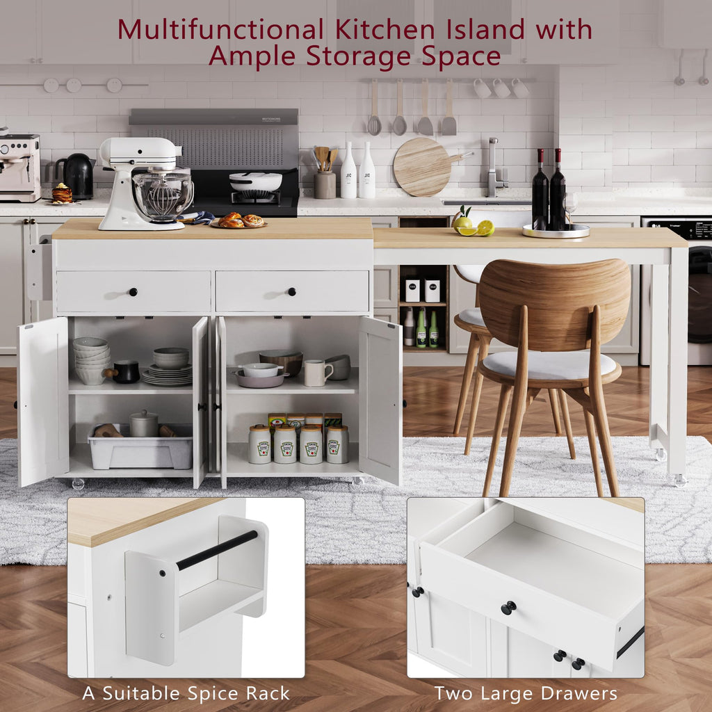 Ball & Cast Kitchen Island with Extendable Dining Table and Power Outlet,82.7" Rolling Kitchen Cart W/ 2 Drawers & 2 Side Open Shelves,Kitchen Table W/Double-Sized Storage,for Dining Room,White