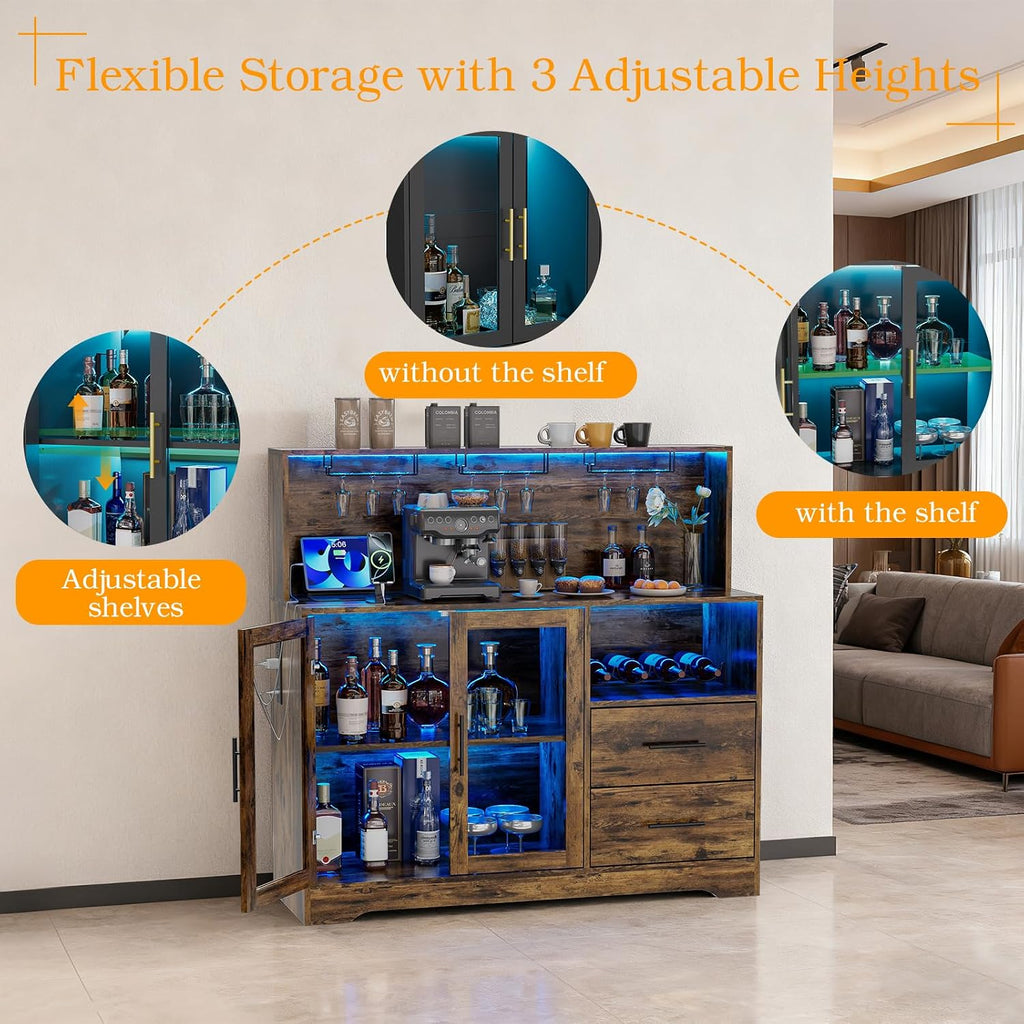 Home Bar Cabinet with Adjustable RGB LED Light, Wine & Coffee Storage with Rack & Drawers, Charging Station, Modern Liquor Cabinet for Living & Dining Room, All-in-One Wine Bar Cabinet (Rustic)