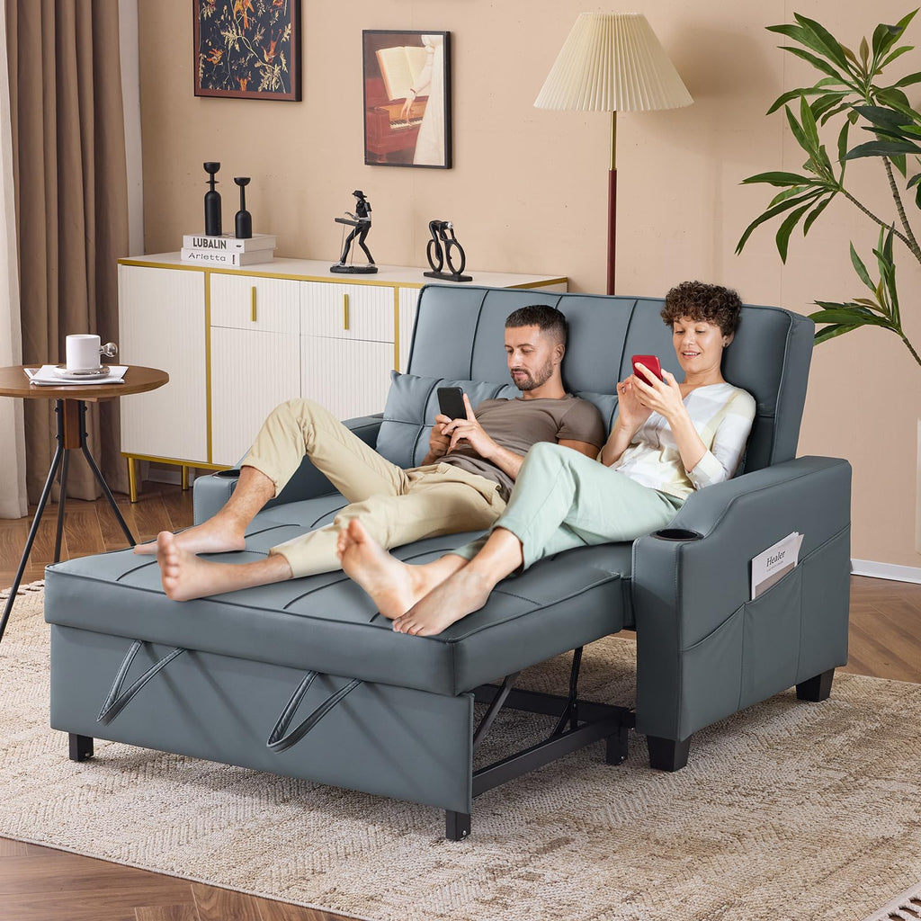 VINGLI Light Grey Futon Sofa Bed Convertible Loveseat Sleeper Couch, Faux Leather Pullout Sofa Fold Out Couch Bed with USB Ports, Cup Holders, Armrest for Living Room, Bedroom Apartment Room
