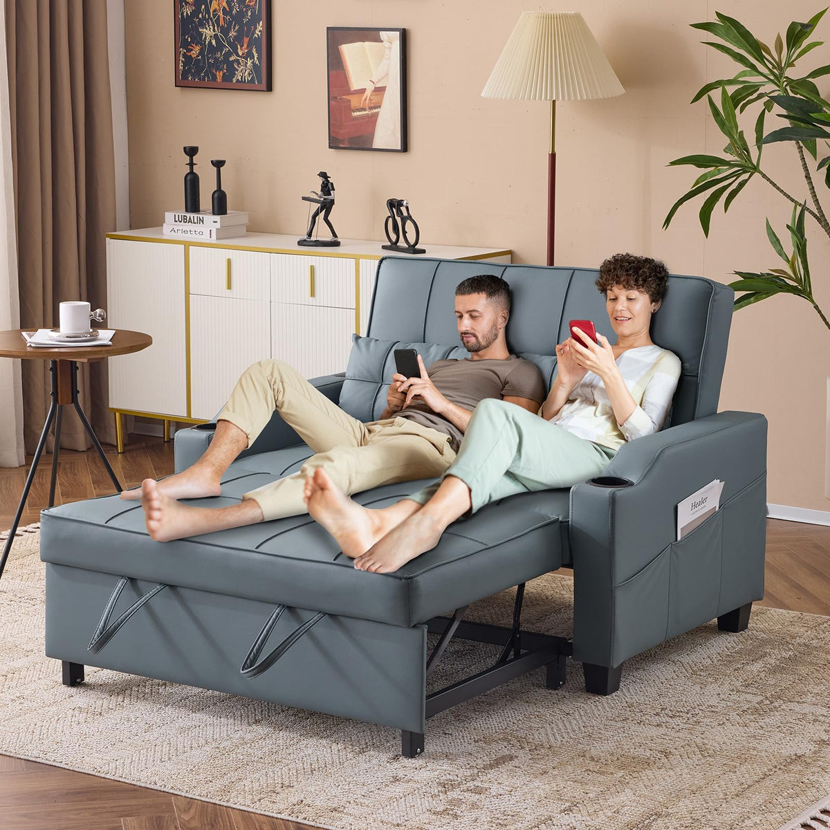 VINGLI Light Grey Futon Sofa Bed Convertible Loveseat Sleeper Couch, Faux Leather Pullout Sofa Fold Out Couch Bed with USB Ports, Cup Holders, Armrest for Living Room, Bedroom Apartment Room