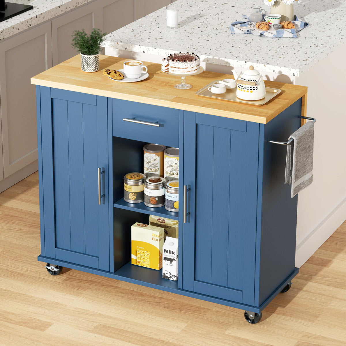 JY QAQA 42" Rolling Kitchen Island Cart with Storage, Drop Leaf Countertop, Drawers & Towel Rack, Mobile Kitchen Table on Wheels for Kitchen Dining Room, White