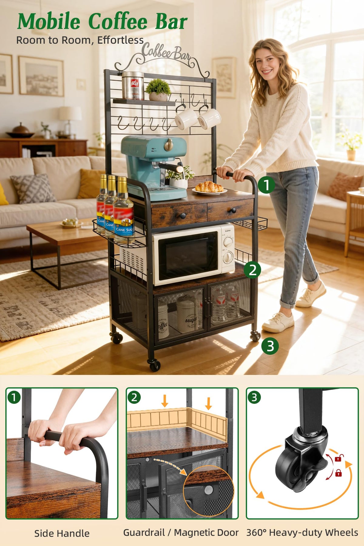 Coffee Bar Cabinet with Storage, Coffee Cart with Wheels, Coffee Station with Coffee Bar Sign and Mug Hook, Corner Coffee Bar Table with Drawer, Bakers Rack for Kitchen Dining Room Living Room Nook