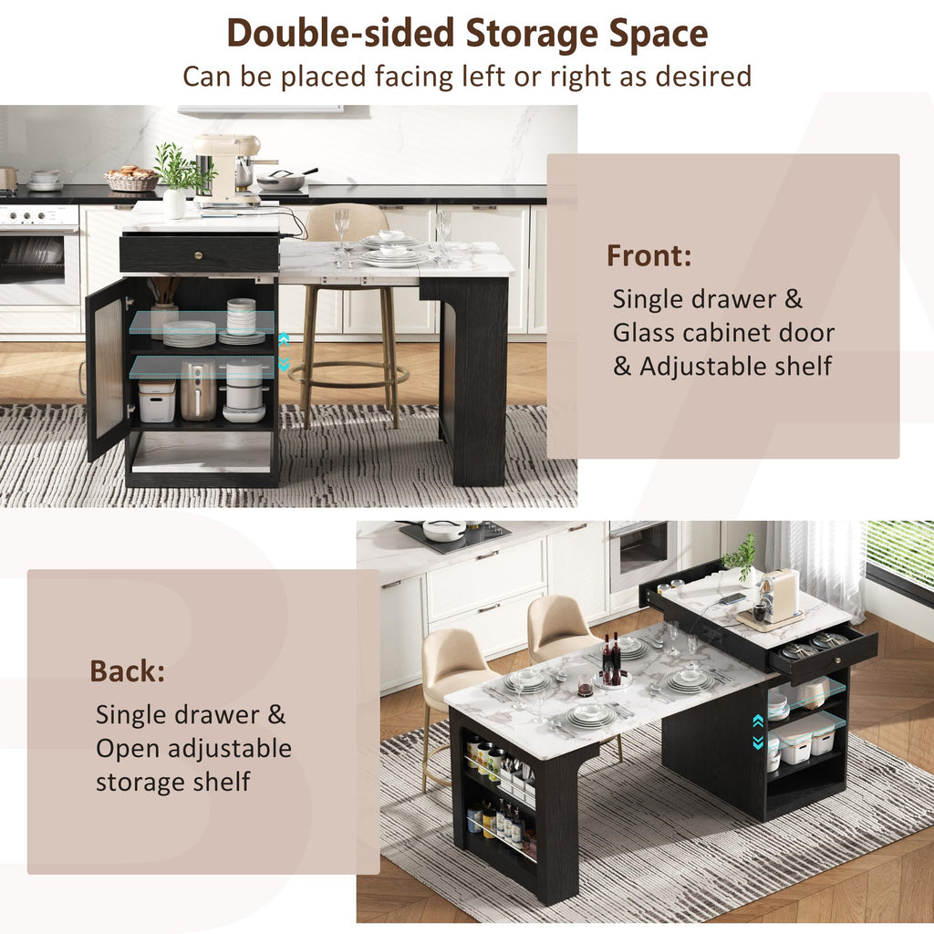 Extendable Dining Table with Folding Tabletop & Power Outlet, Modern Kitchen Island Sideboard with Wheels, Hidden Drawers & USB Charging, Sturdy Buffet Table for Small Spaces (Black)