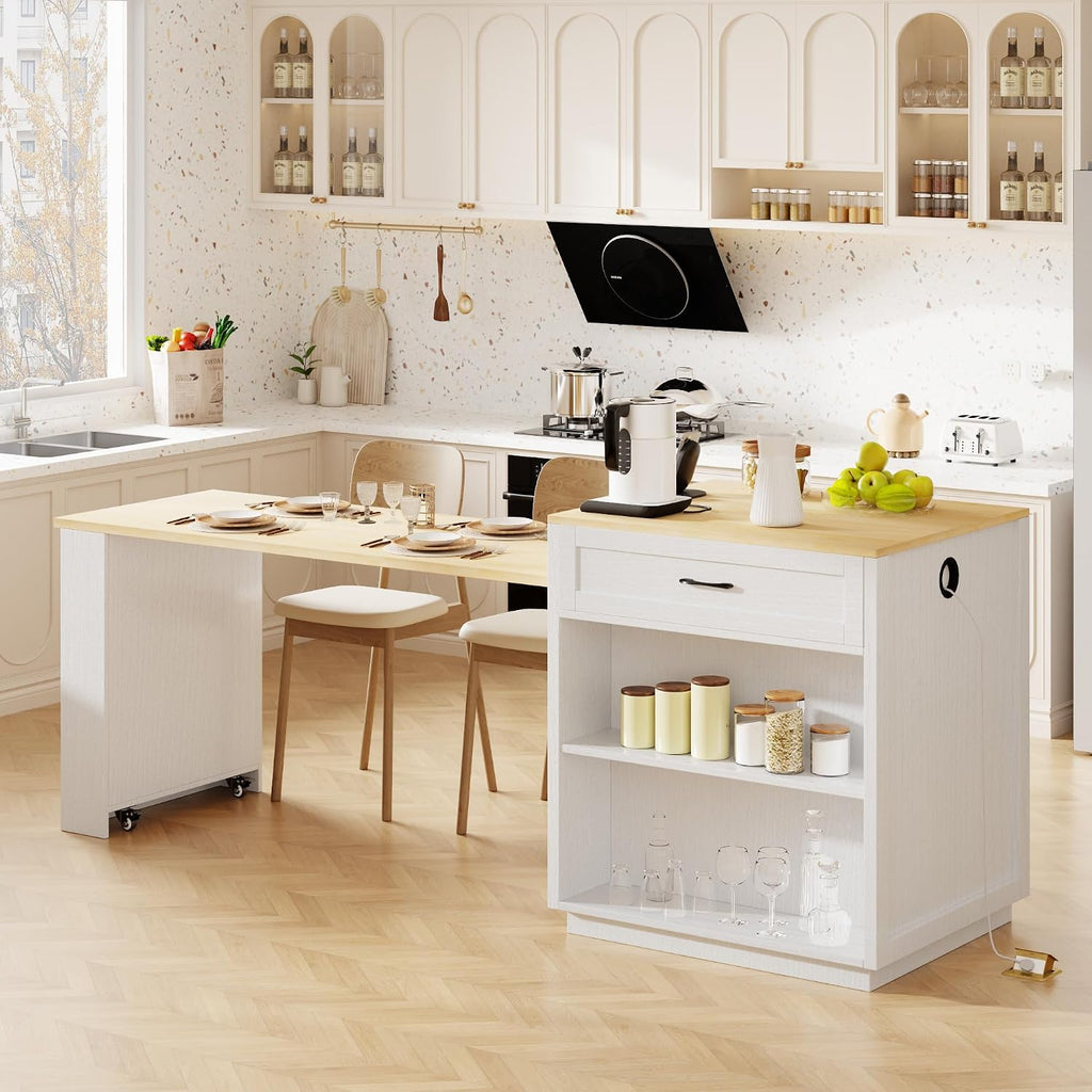 Ball & Cast Kitchen Island with Extendable Dining Table and Power Outlet,82.7" Rolling Kitchen Cart W/ 2 Drawers & 2 Side Open Shelves,Kitchen Table W/Double-Sized Storage,for Dining Room,White