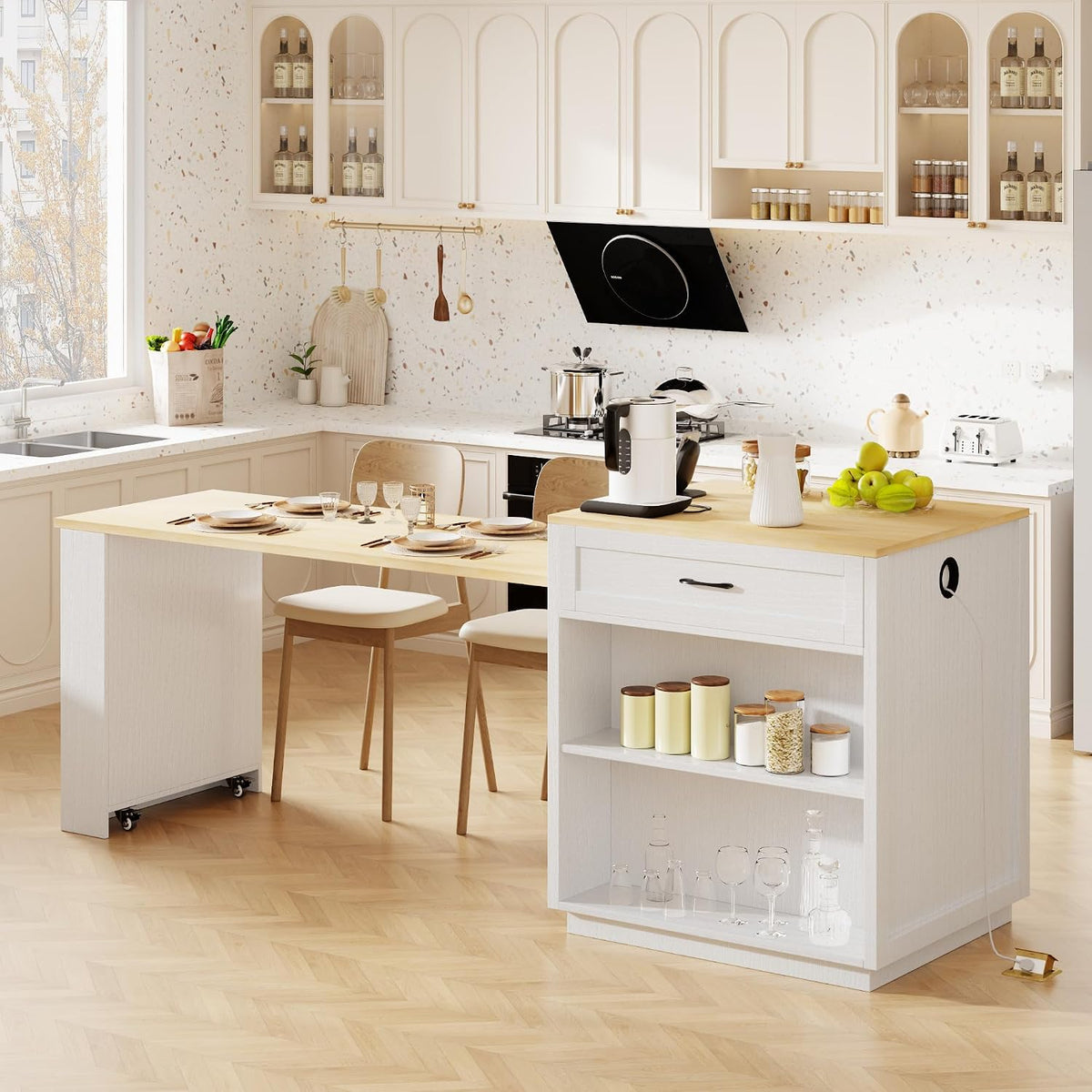 Ball & Cast Kitchen Island with Extendable Dining Table and Power Outlet,82.7" Rolling Kitchen Cart W/ 2 Drawers & 2 Side Open Shelves,Kitchen Table W/Double-Sized Storage,for Dining Room,White