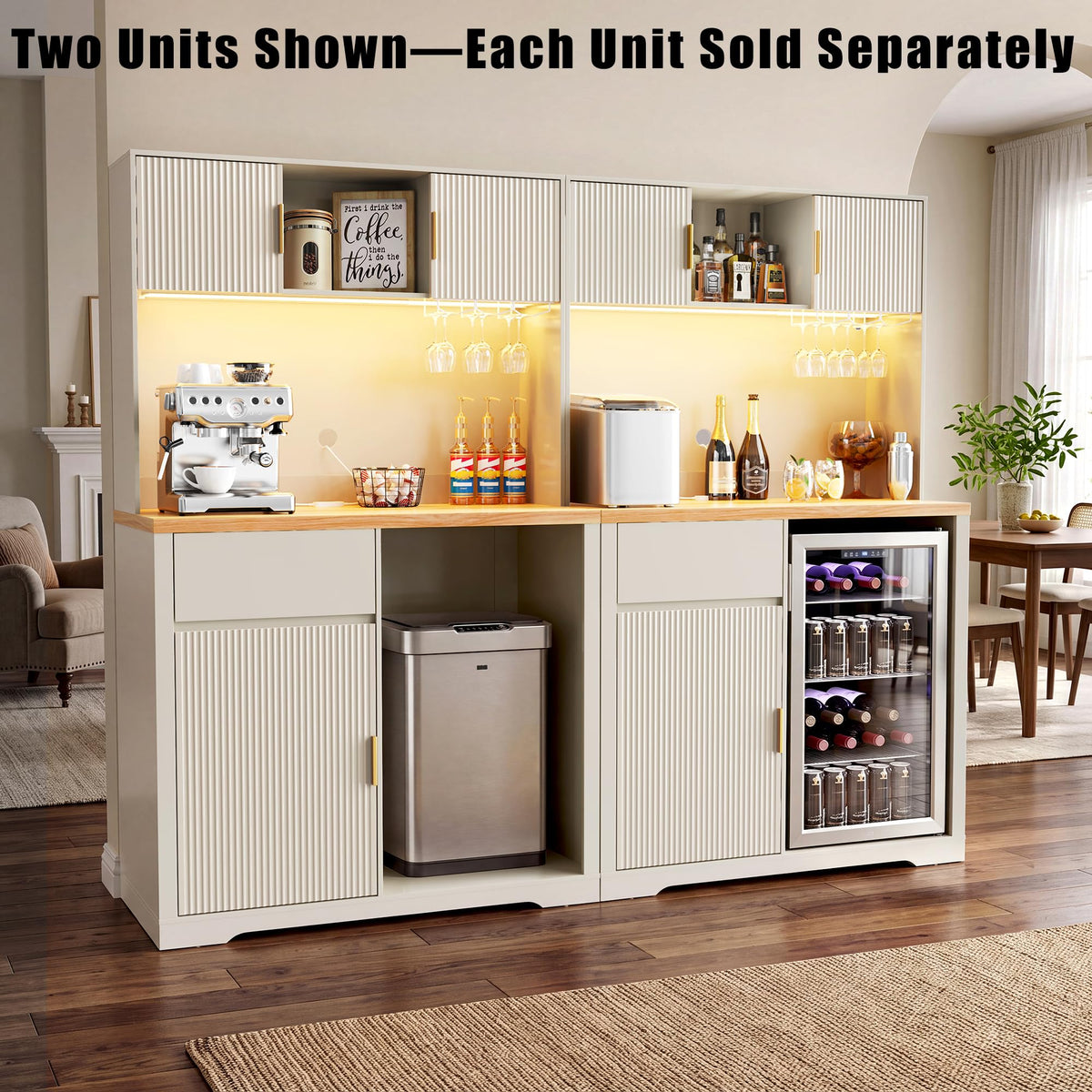 GDLF 72" Tall Coffee Bar Cabinet with Fridge Space, Fluted Liquor Home Bar