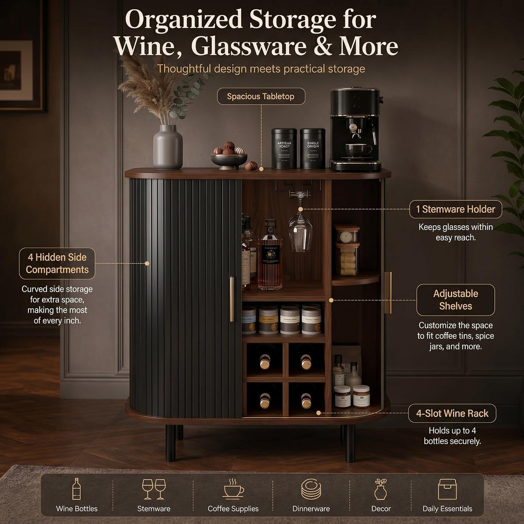 28 Inch Fluted Wine Bar Cabinet with Storage, Coffee Bar Cabinet with Sliding Tambour Doors, 8-Grid Wine Rack, Glass Holders, Adjustable Shelves, Sideboard Buffet Cabinet(Black)