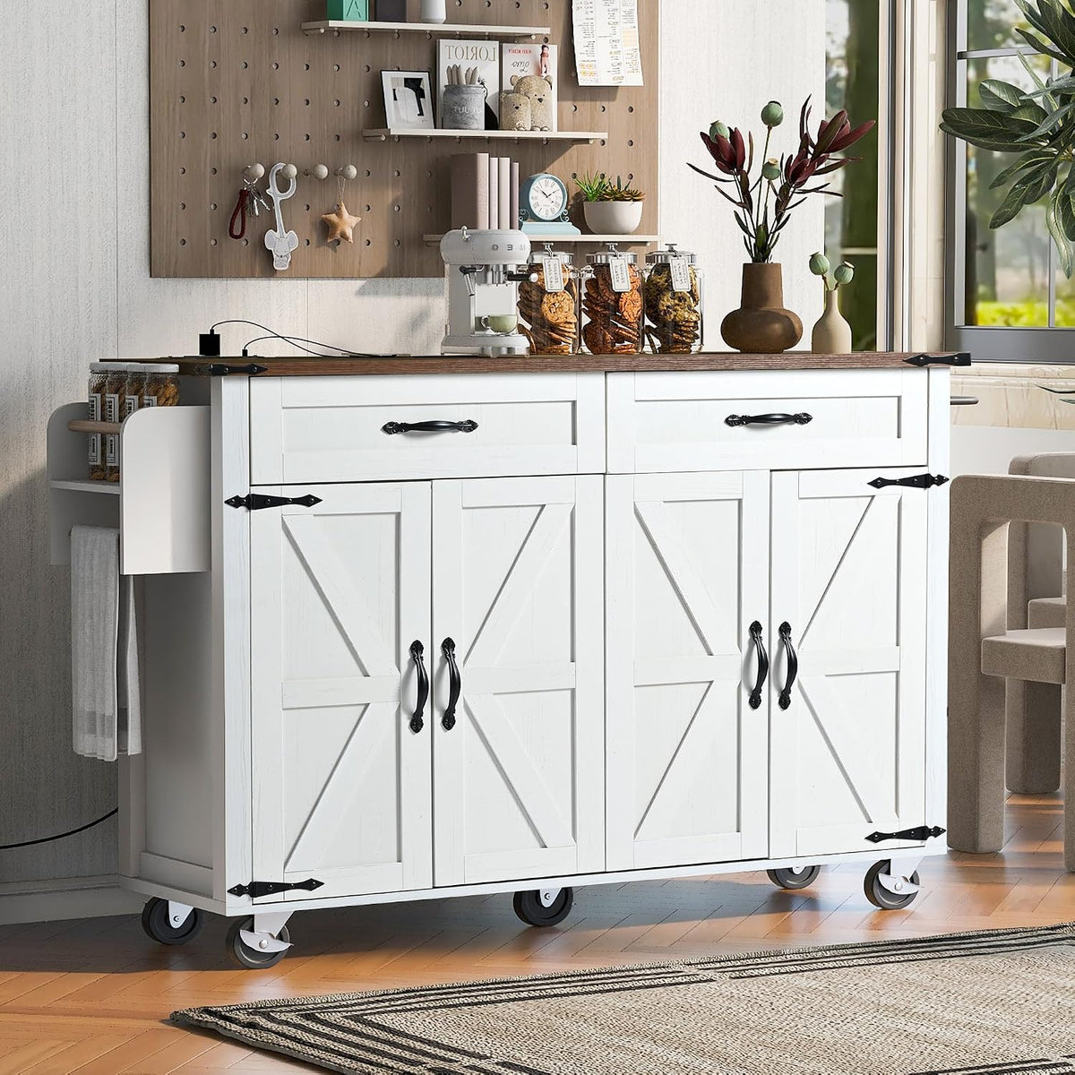 Ball & Cast Farmhouse Kitchen Island with Power Outlet,Dining Storage Island with Drop Leaf,Spice Rack and Drawer,Rolling Dining Cart on Wheels for Home,Kitchen,Dining Room,White,54"