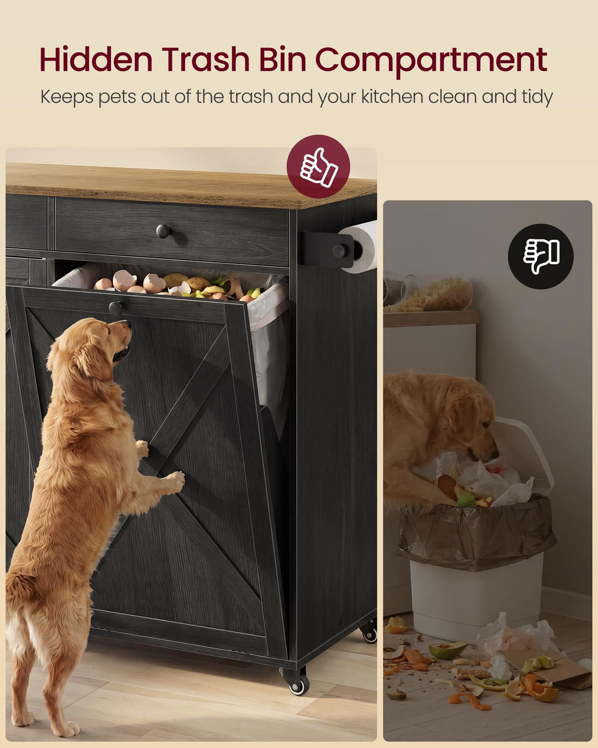 VASAGLE Mobile Kitchen Island with 2 Doors, 2 Drawers