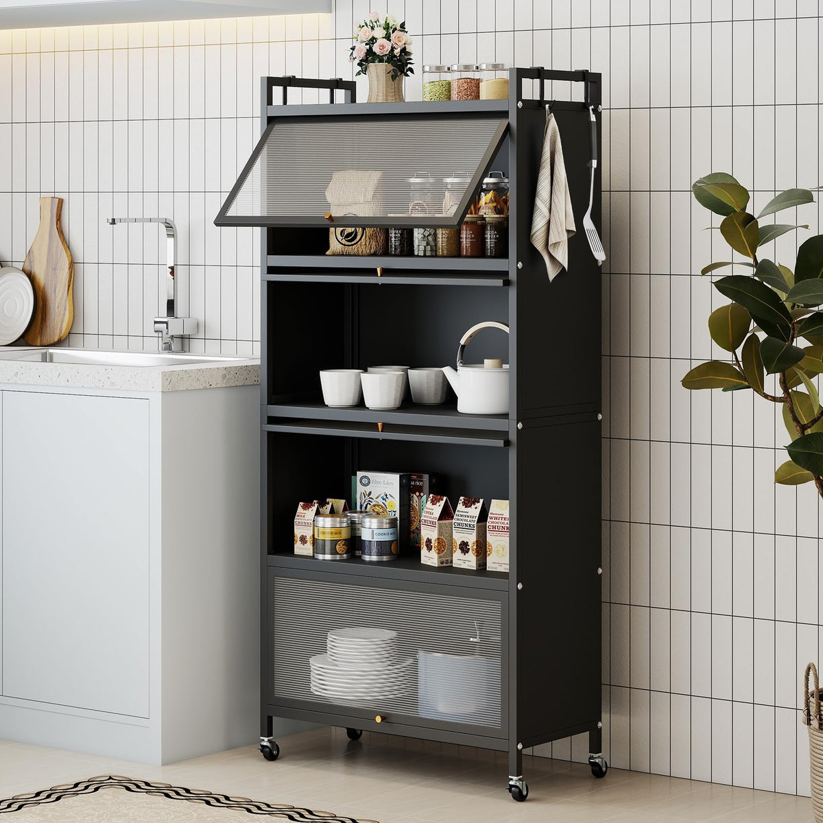 GIANTEX 5-Tier Kitchen Storage Cabinet, 4 PC Doors, Rolling Wheels, White