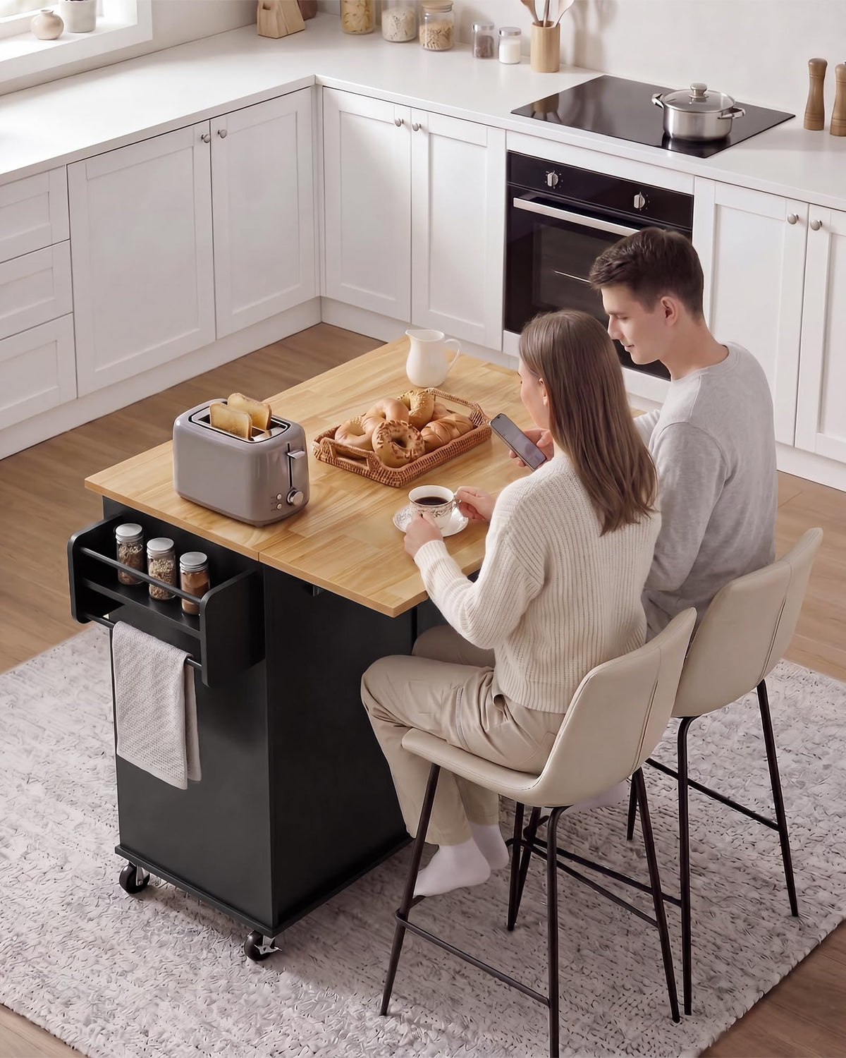 VEVOR Kitchen Island Cart with Storage, 42.28 in Wide Mobile Rolling Storage Island on Swivel Wheels, with Drawer, Storage Cabinet, Drop Leaf, Spice Rack, Table for Home Dining Room, White