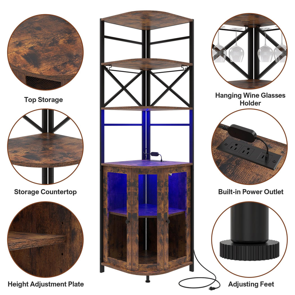 Wine Bar Cabinet with Power Outlet, 6-Tiers Industrial Wine Cabinet with LED Light and Glass Holder, Corner Bar Cabinet with Adjustable Shelf and Mesh Door, Liquor Cabinet Bar for Home