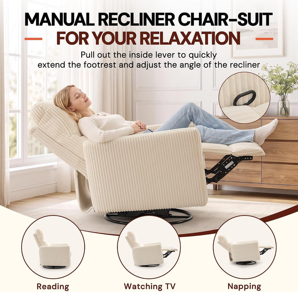 Korser 360Â° Swivel Glider Rocker Manual Recliner, High Back Corduroy Recliner with Curved Armrests, Beige Nursery Rocking Reclining Chair for Living Room Bedroom Adults