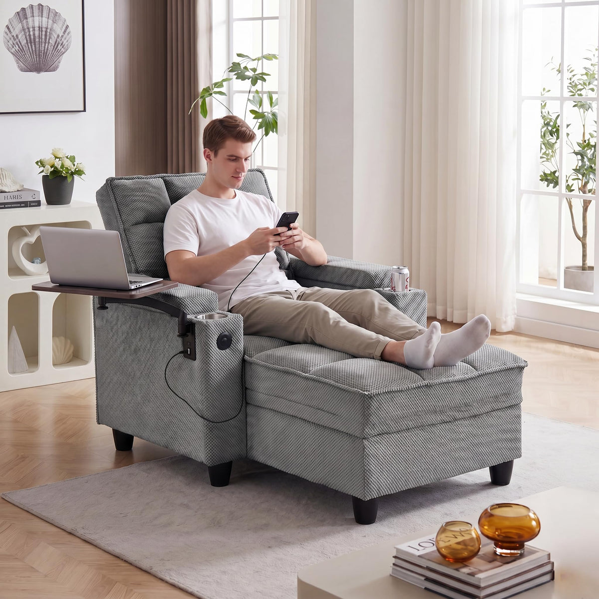 Convertible Sleeper Chair, Pull Out Sofa Bed with Adjustable Backrest & Hidden Storage Armrest, Single Sofa Recliner with USB Charging Port & Cup Holders for Living Room, Bedroom, Dark Gray